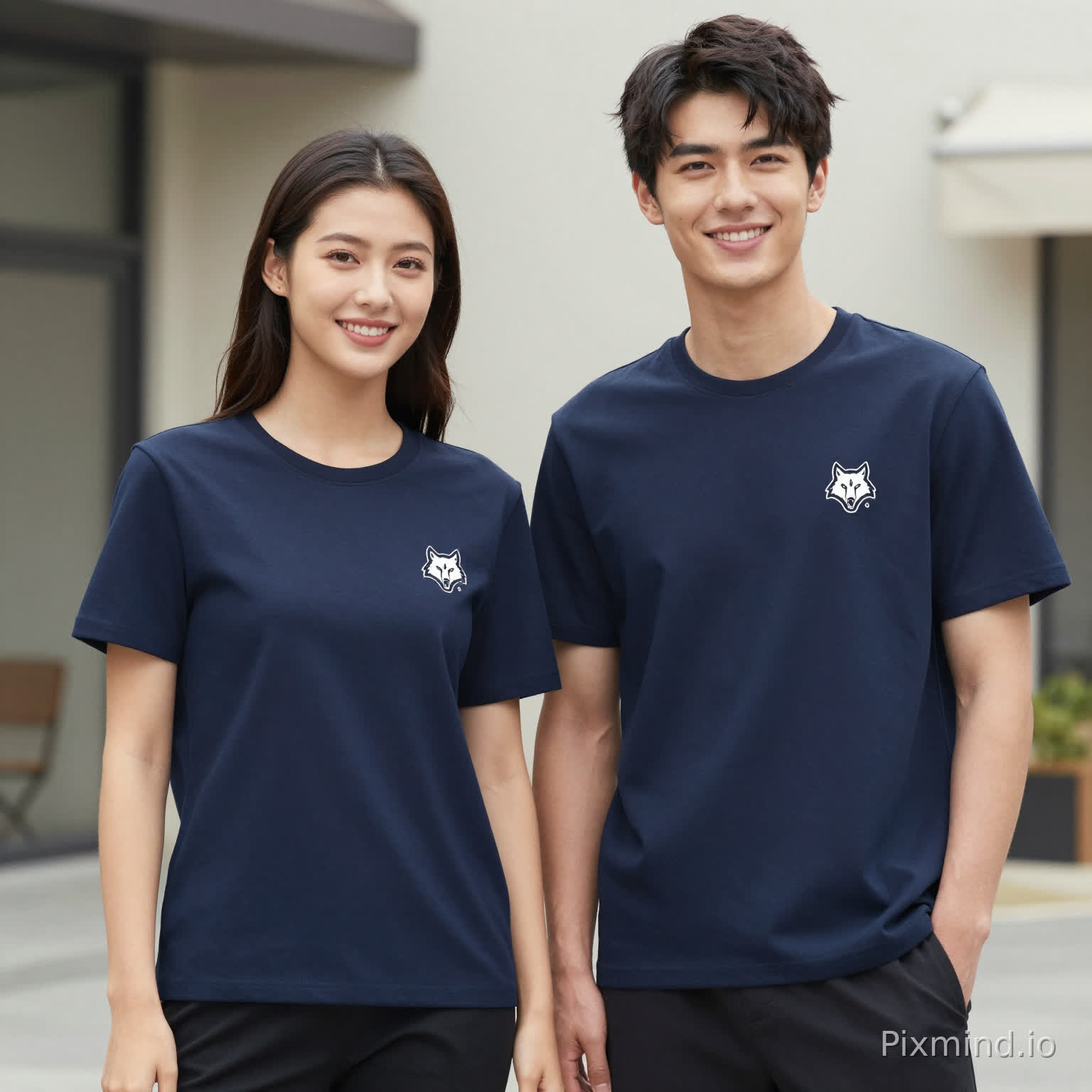 一张极具青春活力的商业时尚摄影大片。画面主体为一男一女两位年轻模特,面带自信微笑,并肩站立,展现出积极向上的团队精神。他们身着统一设计的“狼头logo”主题定制服装,款式为男女皆宜的现代简约版型(如高品质纯棉圆领T恤或结构感卫衣),剪裁利落,线条流畅,完美兼顾了团队统一性与日常出街的时尚感