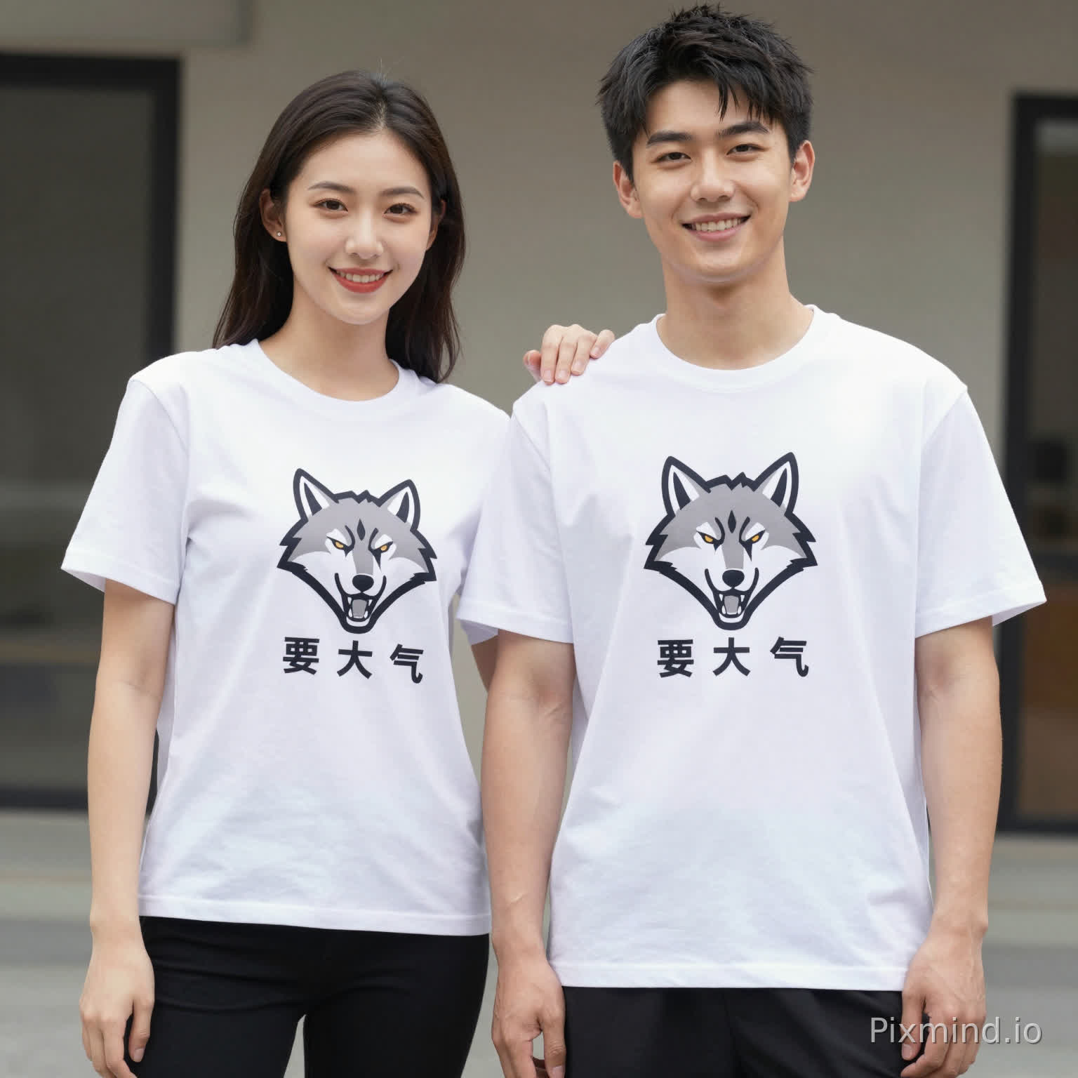 一张极具青春活力的商业时尚摄影大片。画面主体为一男一女两位年轻模特,面带自信微笑,并肩站立,展现出积极向上的团队精神。他们身着统一设计的“狼头logo要大气”主题定制服装,款式为男女皆宜的现代简约版型(如高品质纯棉圆领T恤或结构感卫衣),剪裁利落,线条流畅,完美兼顾了团队统一性与日常出街的时尚感