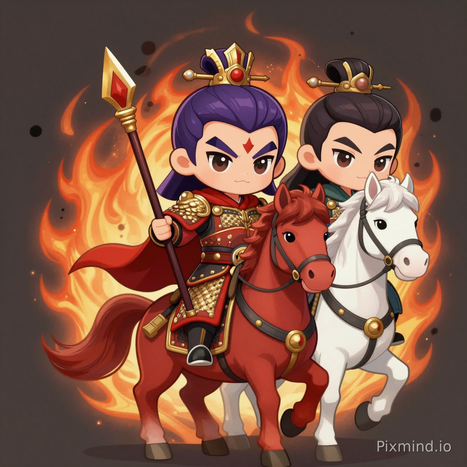 Chibi 3-head ratio legendary cavalry general, Lu Bu with purple gold crown, beast-face armor, holding Fangtian Huaji, riding Red Hare (red horse); or Ma Chao on white horse, flame/ink effects behind, ultimate cute style retaining war god aura, red-gold color scheme