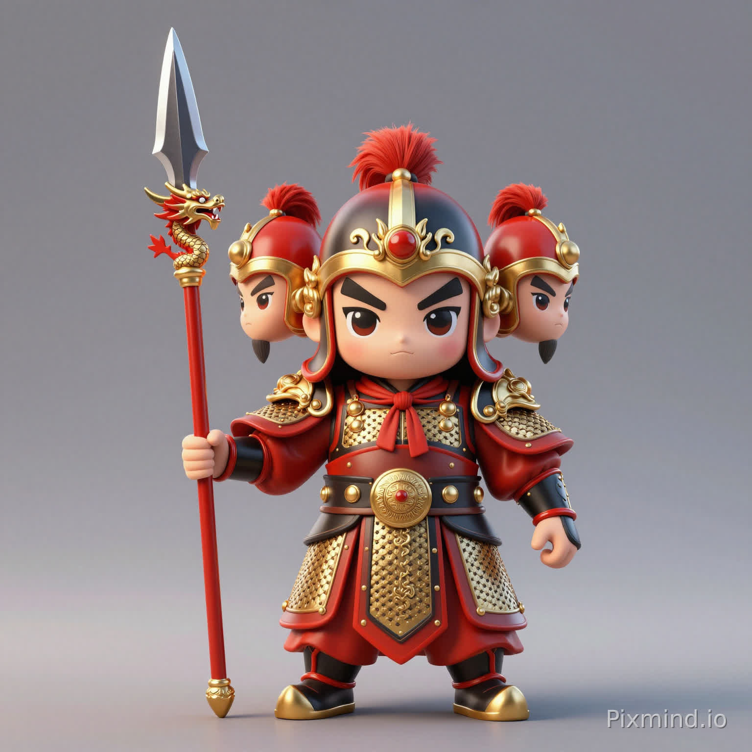 A three-head-tall Q version legendary spearman general, wearing ornate bright light armor, holding a dragon-patterned spear, gold-red color scheme, helmet with tassel, Total War: Three Kingdoms red-black-gold color palette, retaining Guan Yu Zhang Fei style warrior features, QQ三国 doll style, three-head-tall, big eyes, 3D render, C4D, 8K high quality