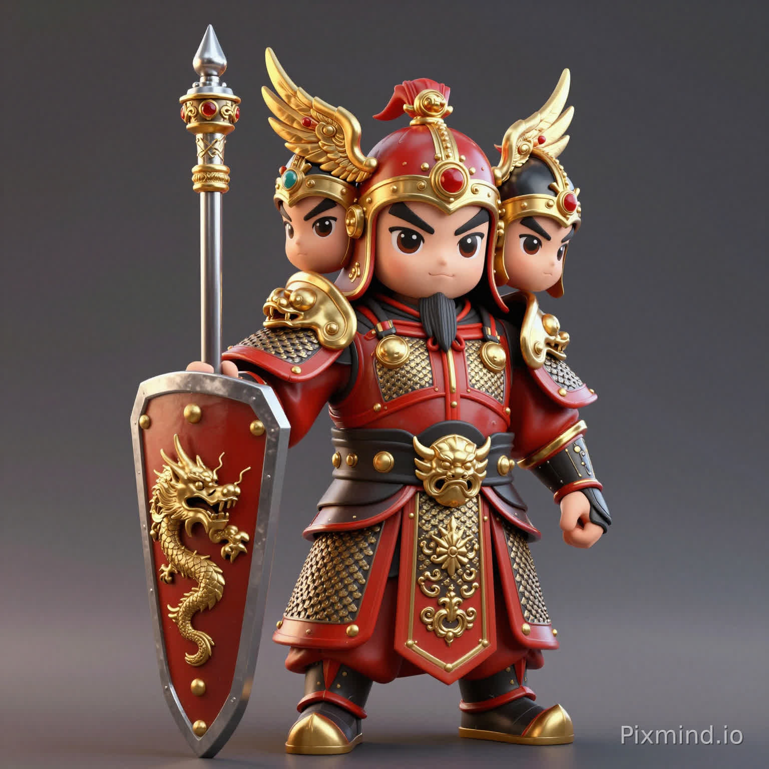 A three-head-tall Q version legendary shield soldier general, wearing ornate bright light armor, holding a fine steel tower shield with dragon relief, gold-red color scheme, phoenix-wing helmet, Total War: Three Kingdoms red-black-gold color palette, retaining Guan Yu Zhang Fei style warrior features, QQ三国 doll style, three-head-tall, big eyes, 3D render, C4D, 8K high quality
