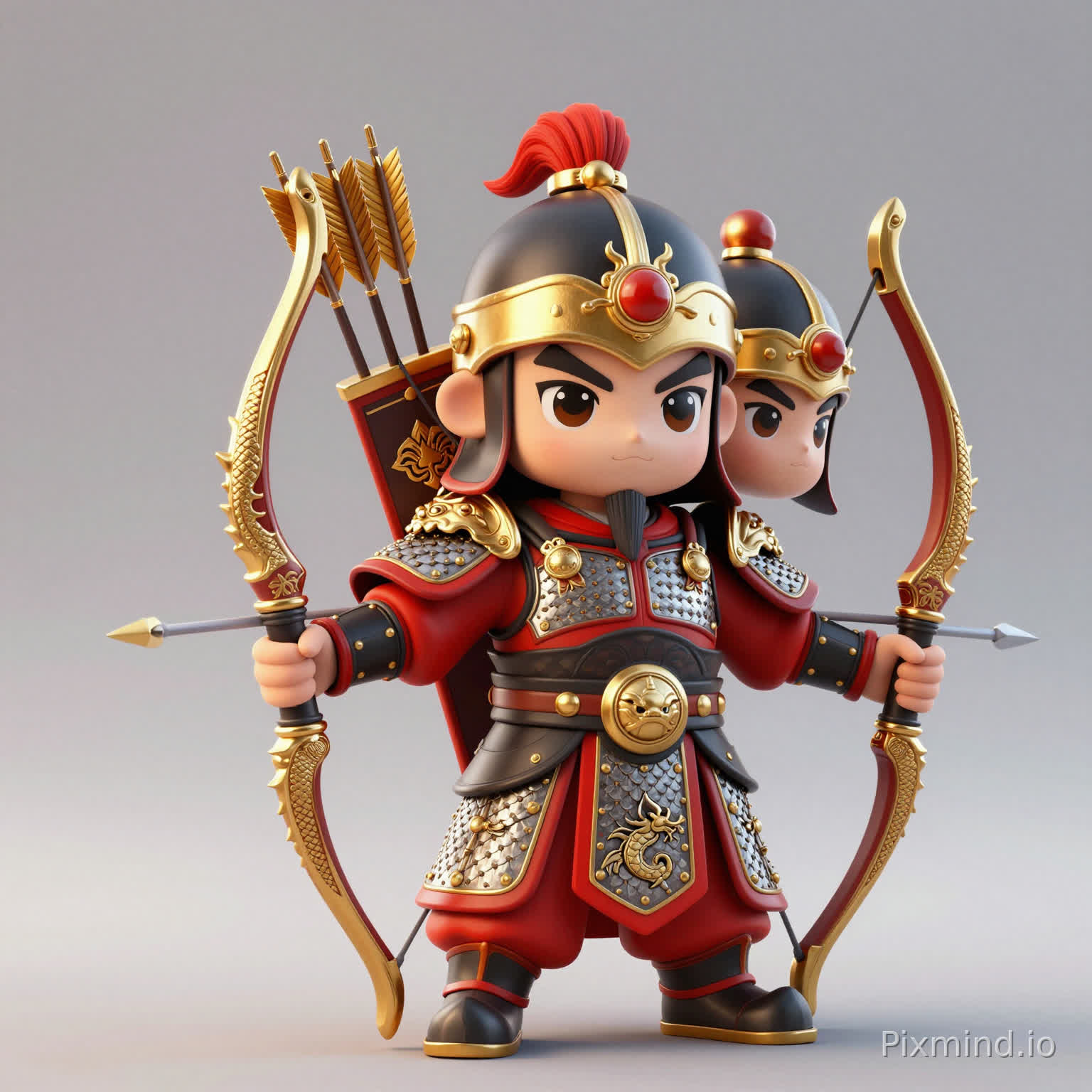 A three-head-tall Q version legendary archer general, wearing ornate bright light armor, holding a dragon-patterned steel-core bow, gold-red color scheme, quiver with golden-feathered arrows, general's helmet, Total War: Three Kingdoms red-black-gold color palette, retaining Huang Zhong style veteran features, QQ三国 doll style, three-head-tall, big eyes, 3D render, C4D, 8K high quality