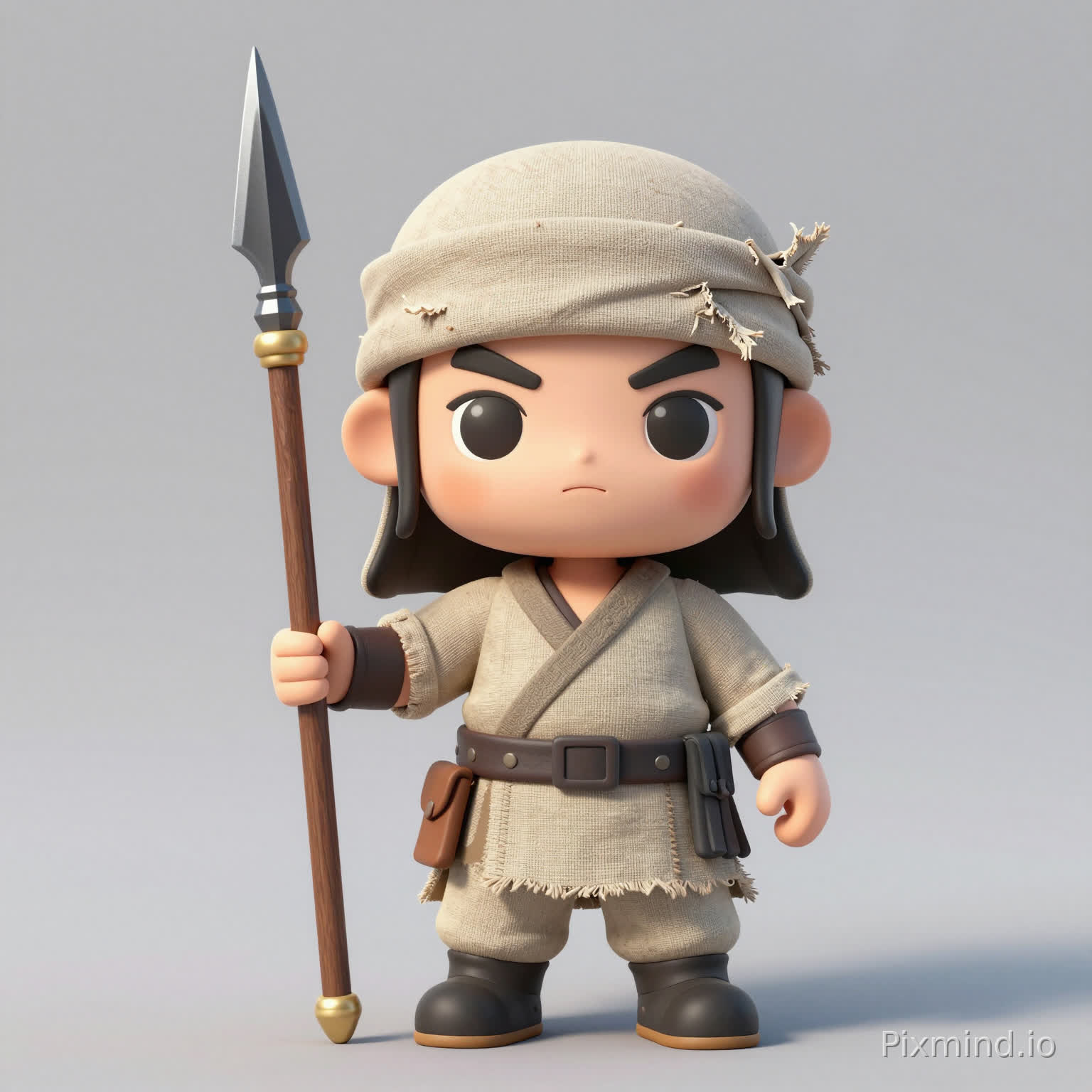 A three-head-tall Q version militia spearman, holding a simple wooden spear, wearing coarse linen clothes and a tattered headscarf, QQ三国 doll style, big eyes, cute warrior design, simple outline and color differentiation, solid color background, 3D render style, C4D, high quality