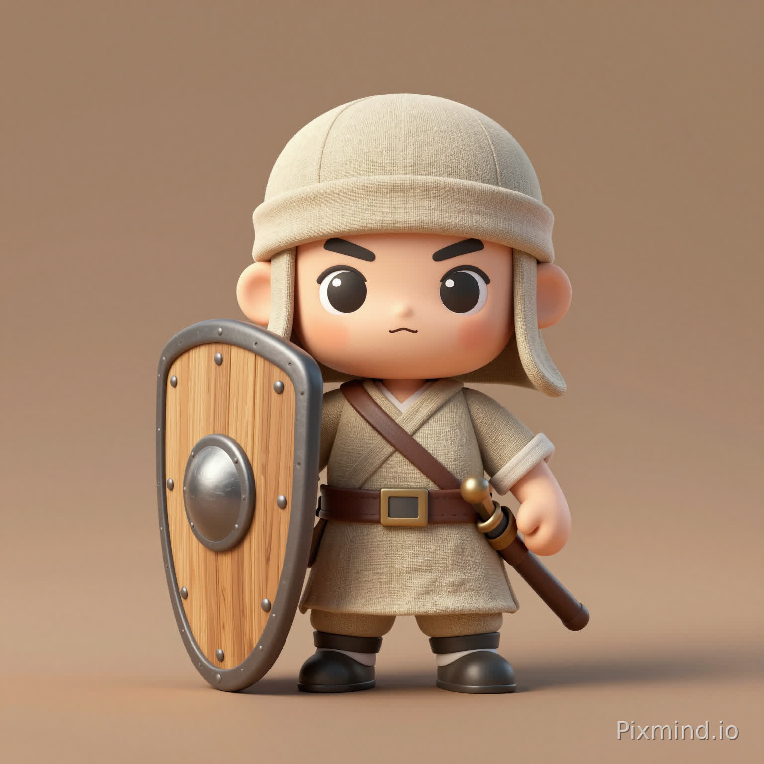 A three-head-tall Q version militia shield soldier, holding a simple wooden shield, wearing coarse linen clothes, short knife at waist, QQ三国 doll style, big eyes, cute warrior design, simple outline and color differentiation, solid color background, 3D render style, C4D, high quality