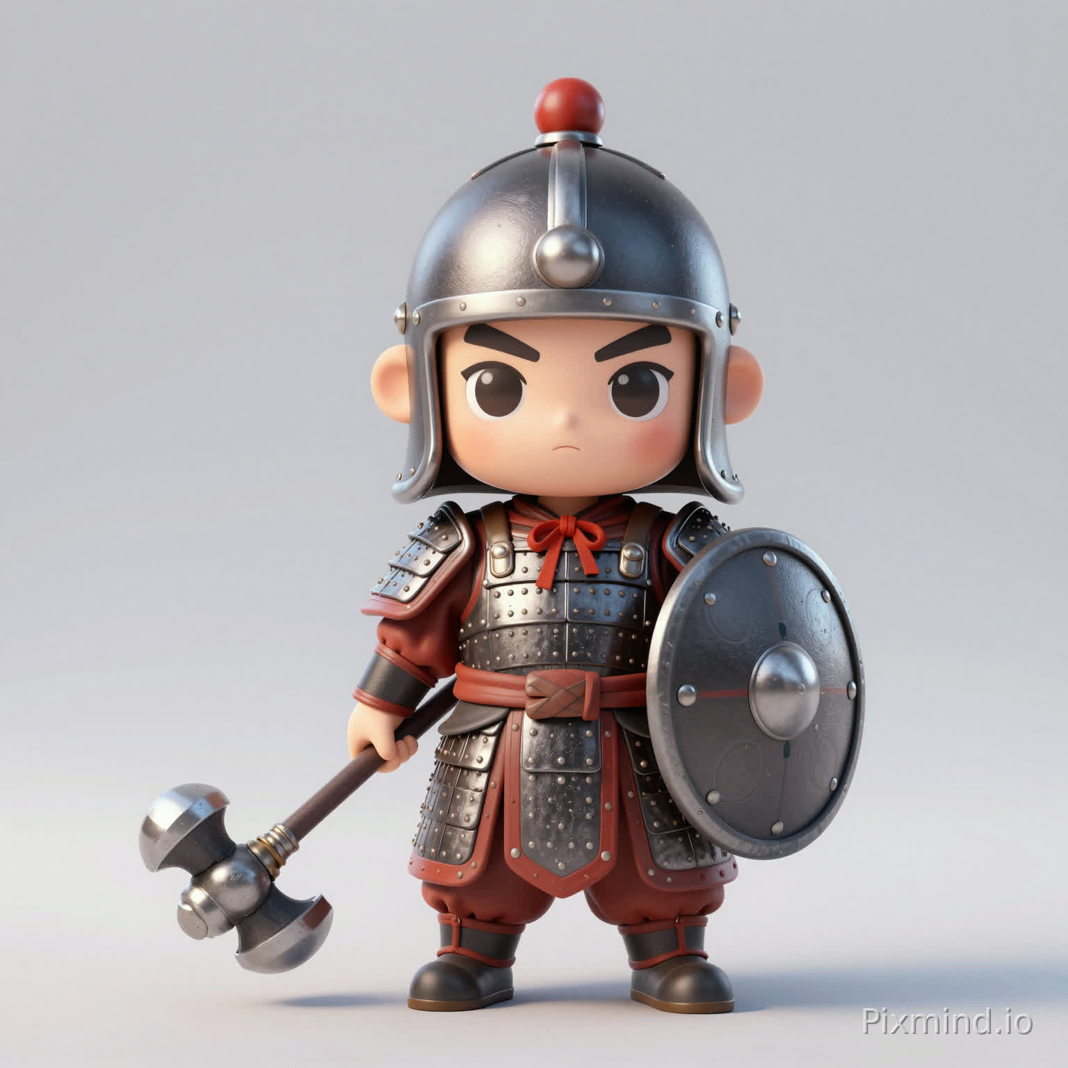 A three-head-tall Q version squad leader shield soldier, wearing half-leather armor, holding a round shield and small war hammer, simple patterns on the shield, QQ三国 doll style, big eyes, cute warrior design, retaining military characteristics, red decorative accents, solid color background, 3D render style, high detail