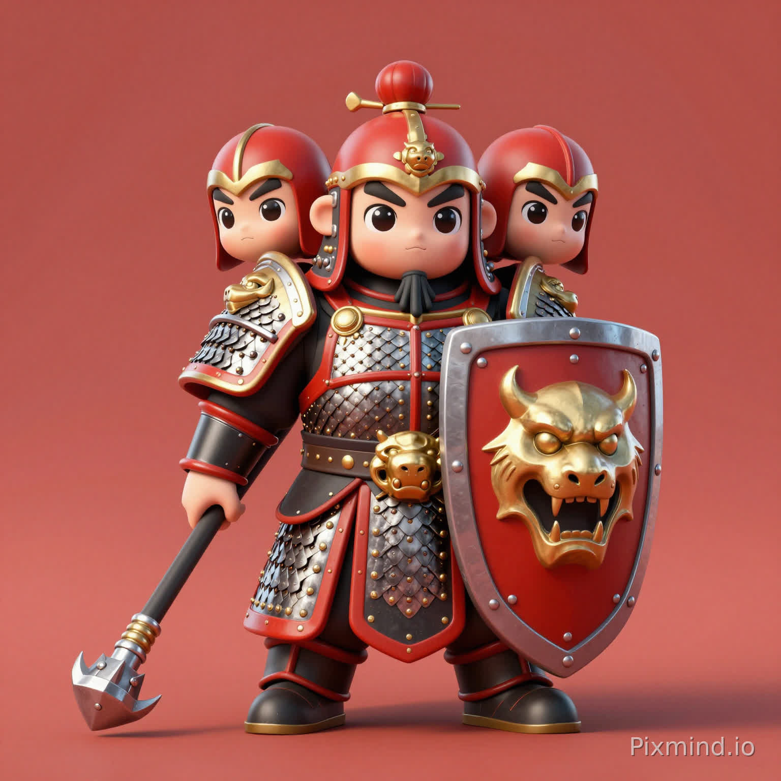 A three-head-tall Q version elite shield soldier, wearing scale armor, holding a large square shield with beast-head patterns, iron whip at waist, Tower Defense Q version Three Kingdoms art style, three-head-tall proportion, big eyes, cute design, red-black-gold color scheme, solid color background, 3D render, ultra-clear details