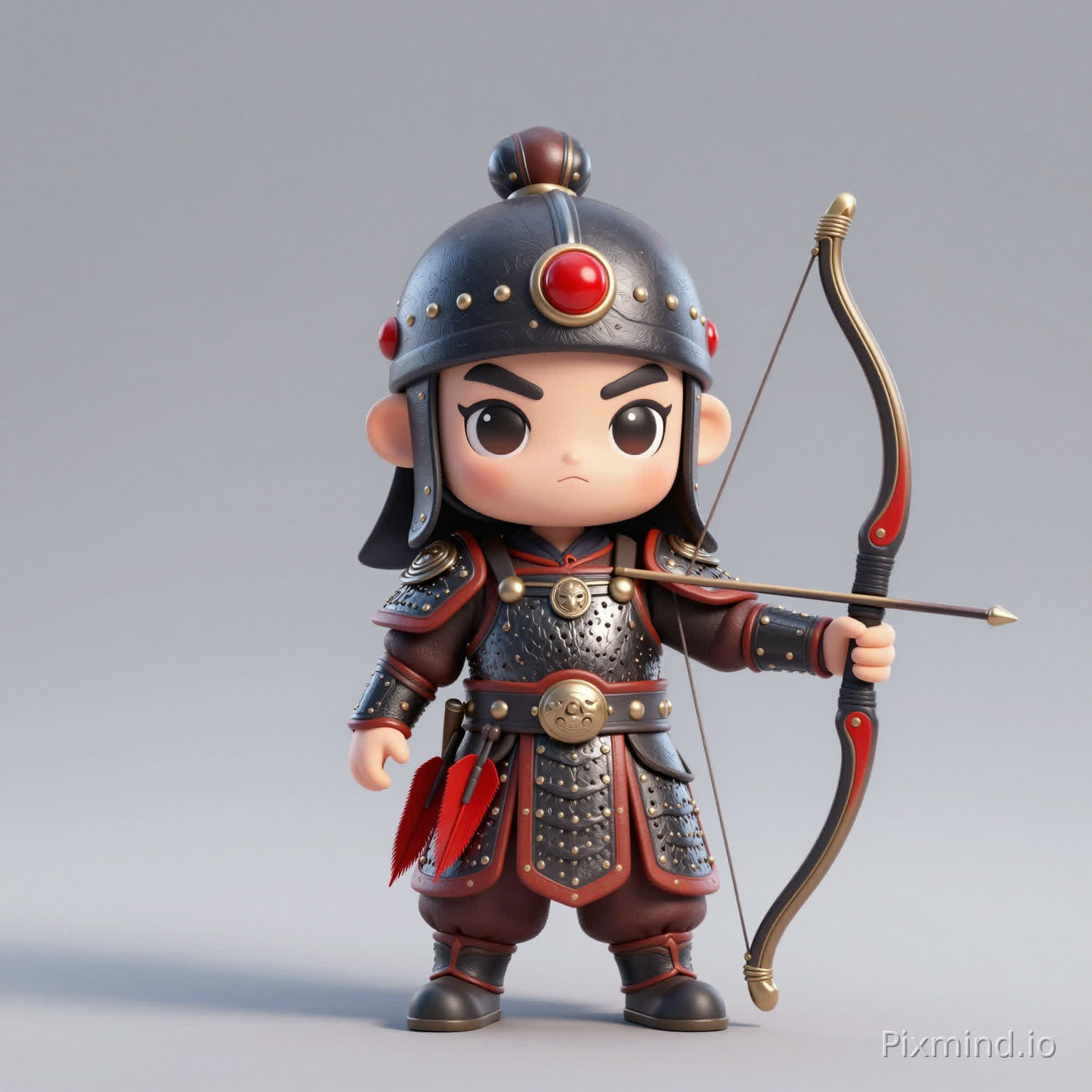 A three-head-tall Q version squad leader archer, wearing half-leather armor, holding a horn bow, quiver at waist with red fletching, QQ三国 doll style, big eyes, cute warrior design, retaining military characteristics, red decorative accents, solid color background, 3D render style, high detail