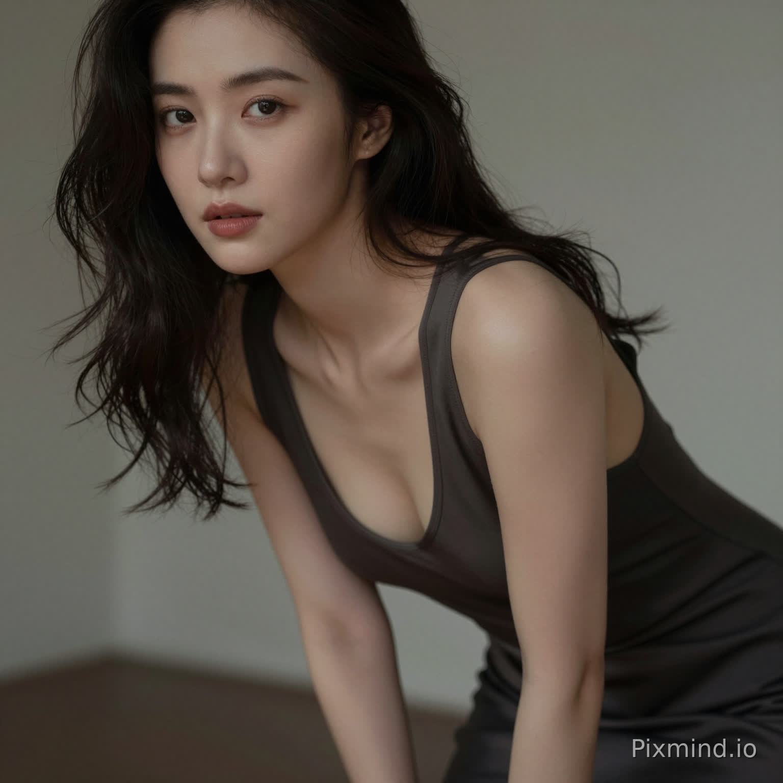 A sensual woman leaning slightly forward, deep neckline dress, subtle cleavage, inviting gaze, soft focus background, intimate framing, realistic skin highlights, moody lighting, editorial sensual photography