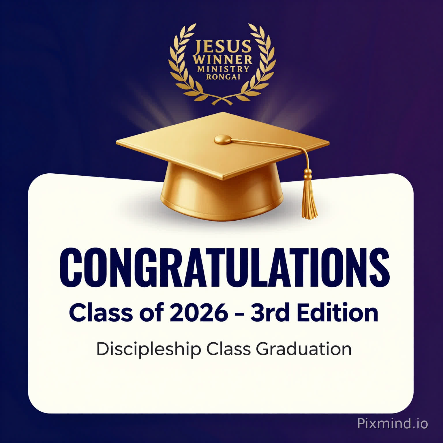 Design a modern, high-quality discipleship graduation poster in portrait orientation (A4 size).
Use a youthful, vibrant but elegant color combination: deep royal blue + gold accents + white highlights (or alternatively deep purple + gold + soft cream for a spiritual royal feel). Keep it attractive to young people but still classy and powerful.
At the top center, place a gold laurel wreath logo exactly like the reference image provided, with the text inside the wreath reading:
“JESUS WINNER MINISTRY RONGAI”
The logo should be gold, elegant, and premium, on a dark textured or patterned background (subtle floral or abstract pattern like in the sample image).
Below the logo, place a beautiful 3D golden graduation cap (mortarboard) with tassel, centered and slightly glowing.
Main headline (large, bold, modern font):
🎉 CONGRATULATIONS
Class of 2026 – 3rd Edition
Subheading:
Discipleship Class Graduation
Use clean, bold, modern sans-serif fonts for the main headline and a stylish serif or script font for “Congratulations” to make it celebratory.
Add subtle light rays or soft glow behind the cap to create a victorious and celebratory atmosphere.