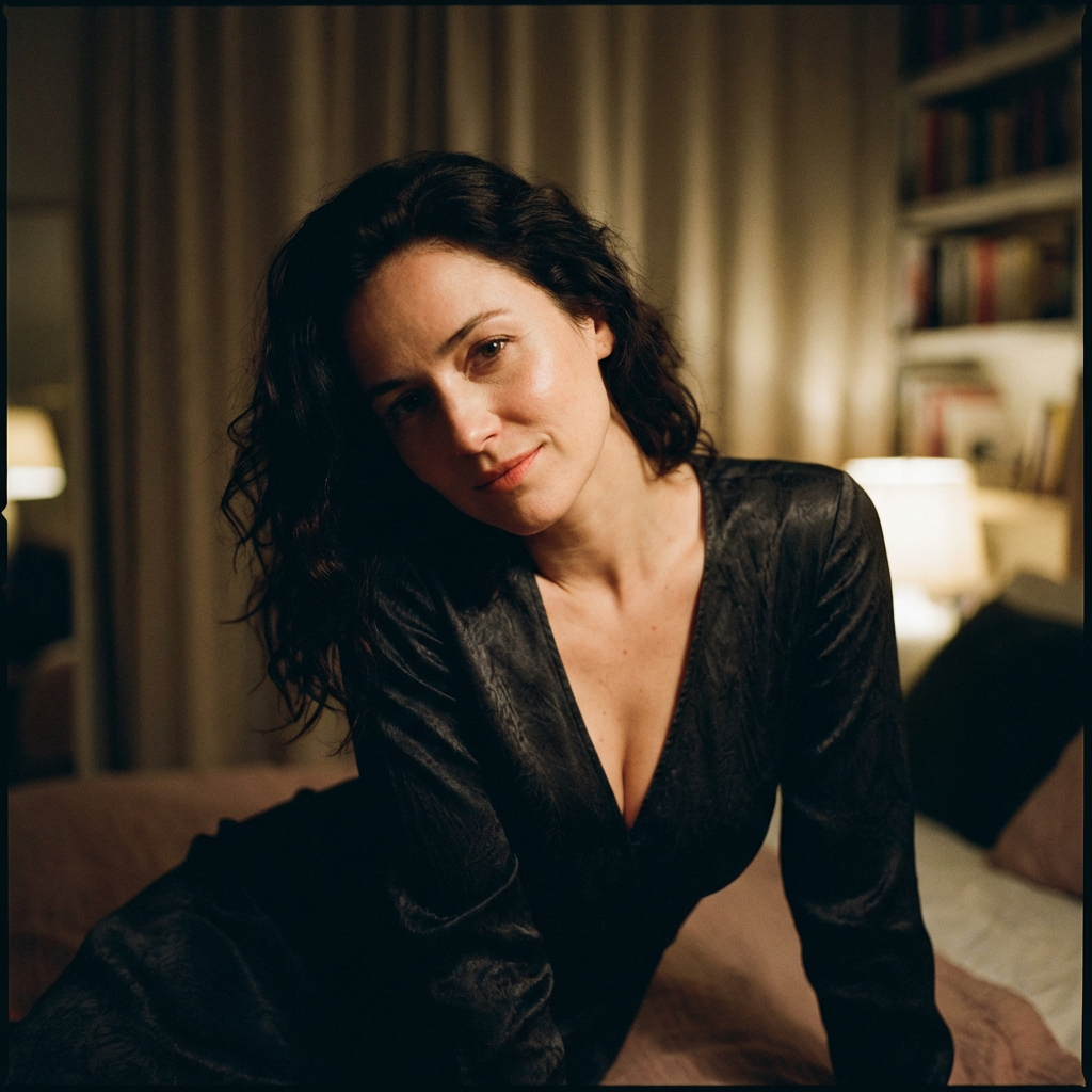 A sensual woman leaning slightly forward, deep neckline dress, subtle cleavage, inviting gaze, soft focus background, intimate framing, realistic skin highlights, moody lighting, editorial sensual photography
