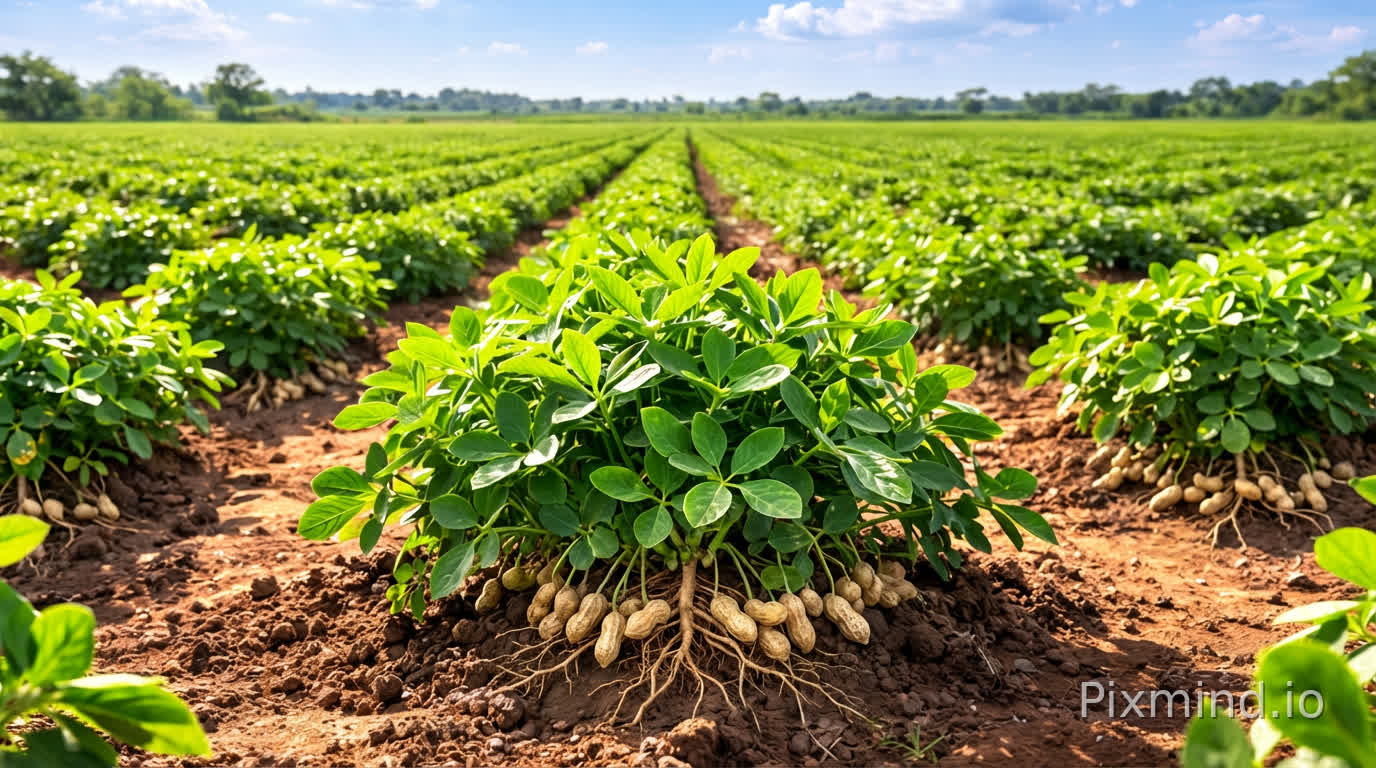 There are a few things I would like you to add to this picture. That is... remove or reduce some of the leaves that are hidden above to make the roots at the bottom of the peanut plants in this peanut field a little more visible. And then add the peanut tubers developing well along with those roots.