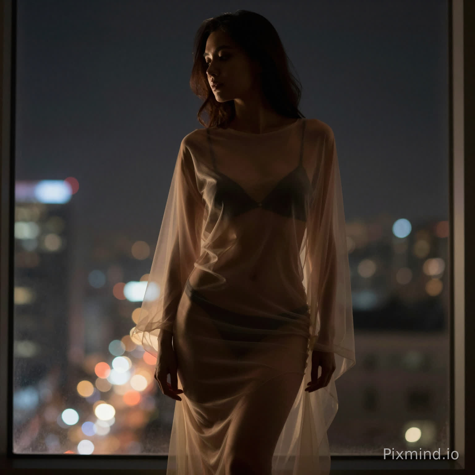 A woman standing in front of a window at night, sheer fabric dress clinging to her body, body silhouette clearly visible through the light, confident and seductive pose, city lights background, cinematic contrast, artistic sensuality