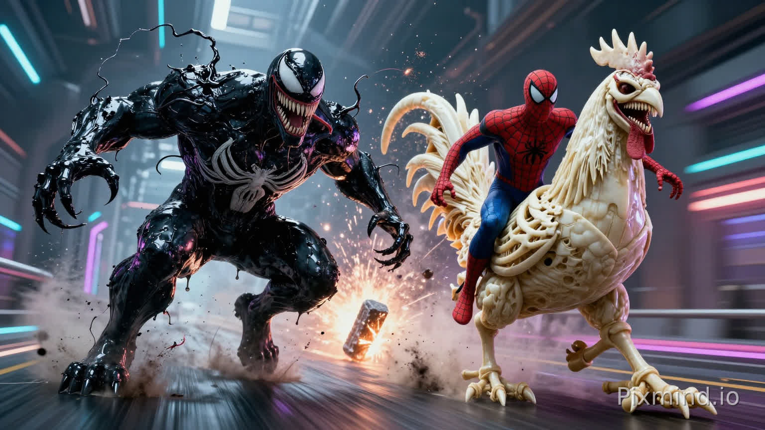 Cinematic masterpiece, high-octane action shot. On the left, Venom crouches atop a massive, terrifying SLUDGE-PANTHER composed of viscous, inky black symbiotic liquid, shimmering with wet, oily textures and lashing tendrils. On the right, Spider-Man rides a surreal, gargantuan SKELETAL BONE ROOSTER crafted from polished white ivory, featuring intricate anatomical carvings and sharp spurs. Both figures are captured in the explosive moment of launching forward from the start line, muscles tense and dynamic, kicking up clouds of dust and debris. Between them, a glowing stone marker shatters into a dazzling explosion of radiant light particles and sparks. The background is a futuristic racing corridor rendered with extreme motion blur to emphasize blinding speed. High contrast lighting with deep shadows, vibrant neon rim lights in cyan and magenta, hyper-realistic textures contrasting the wet, amorphous sludge against the dry, rigid bone, 8k resolution, Unreal Engine 5 render, volumetric lighting, ray tracing, photorealistic, dramatic composition.