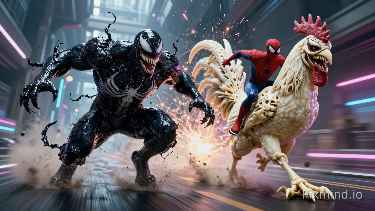 Cinematic masterpiece, high-octane action shot. On the left, Venom crouches a top a massive, terrifying SLUDGE-PANTHER composed of viscous, inky black symbiotic liquid, shimmering with wet, oily textures and lashing tendrils. On the right, Spider-Man rides a surreal, gargantuan SKELETAL BONE ROOSTER crafted from polished white ivory, featuring intricate anatomical carvings and sharp spurs. Both figures are captured in the explosive moment of launching forward from the start line, muscles tense and dynamic, kicking up clouds of dust and debris. Between them, a glowing stone marker shatters into a dazzling explosion of radiant light particles and sparks. The background is a futuristic racing corridor rendered with extreme motion blur to emphasize blinding speed. High contrast lighting with deep shadows, vibrant neon rim lights in cyan and magenta, hyper-realistic textures contrasting the wet, amorphous sludge against the dry, rigid bone, 8k resolution, Unreal Engine 5 render, volumetric lighting, ray tracing, photorealistic, dramatic composition.