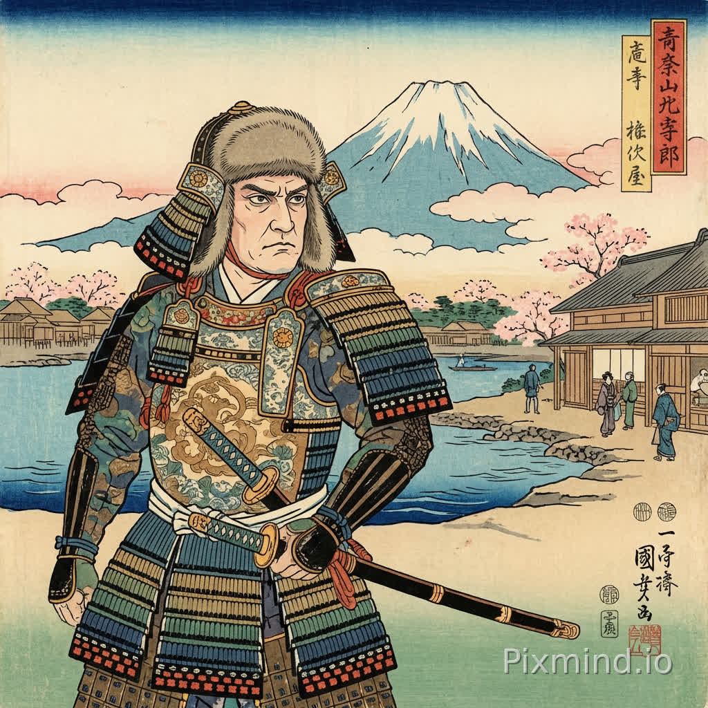 Create a japanese print of a samurai with the face of the person of the picture. Set this in EDO with the Fuji in the background