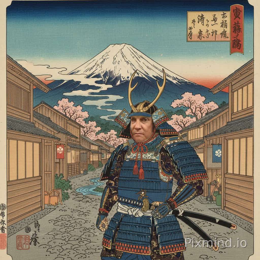 Create a japanese print ukiyo-e style of a samurai with the face of the person of the picture. Set this in EDO with the Fuji in the background and the samurai more in the background