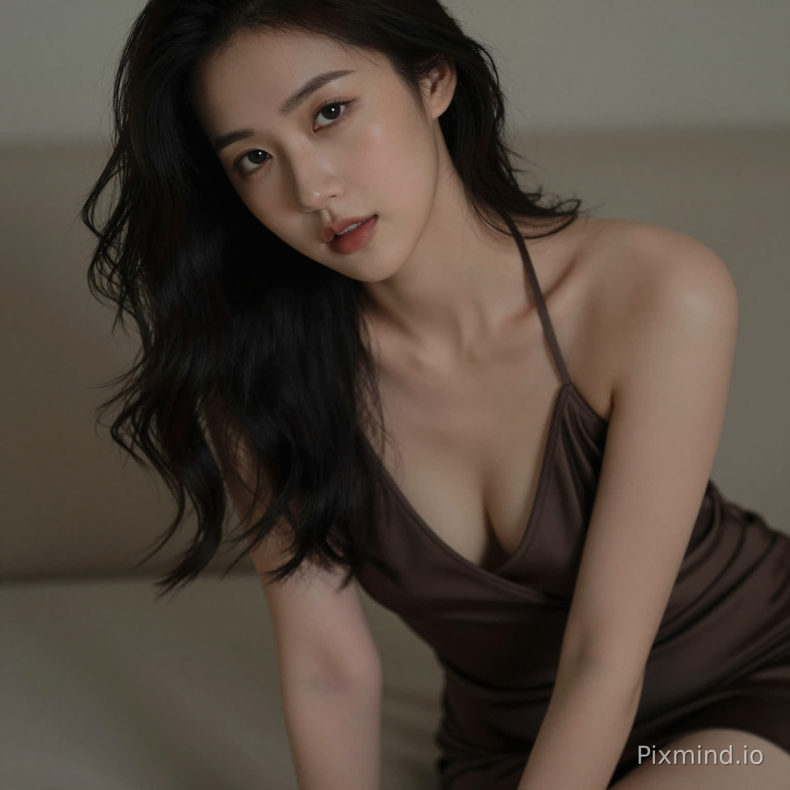 A sensual woman leaning slightly forward, deep neckline dress, subtle cleavage, inviting gaze, soft focus background, intimate framing, realistic skin highlights, moody lighting, editorial sensual photography