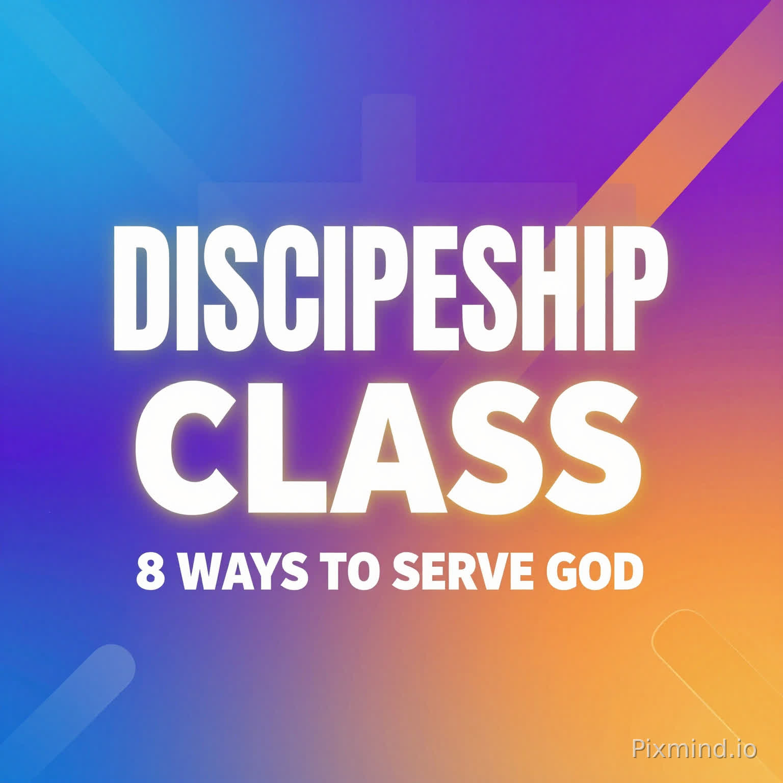 Create a modern, vibrant social media poster (1:1 square format) for a church youth program.
Main headline (big, bold, uppercase, centered): DISCIPLESHIP CLASS
Subheadline (directly below in stylish but slightly smaller bold font): 8 WAYS TO SERVE GOD
Design style:
Youthful, energetic, vibrant
Clean but powerful layout
Modern church aesthetic
Attractive to young people (ages 15–35)
Color theme:
Gradient blend of electric blue, royal purple, and bright orange
Soft neon glow accents
White and gold text highlights for emphasis
Design elements:
Subtle light rays or glow behind the main title
Minimal cross silhouette in the background (soft and blended)
Abstract paint splashes or brush strokes
Soft geometric shapes or dynamic lines
Light particles or spark effects
Slight 3D text effect for “DISCIPLESHIP CLASS”
Typography:
Bold sans-serif modern font for main title
Clean stylish font for subtitle
Strong contrast for readability
Slight shadow for depth
Mood:
Inspiring
Energetic
Purpose-drivenSpirit-filled
Lighting:
Bright, high contrast
Clean sharp finish
Social media ready quality