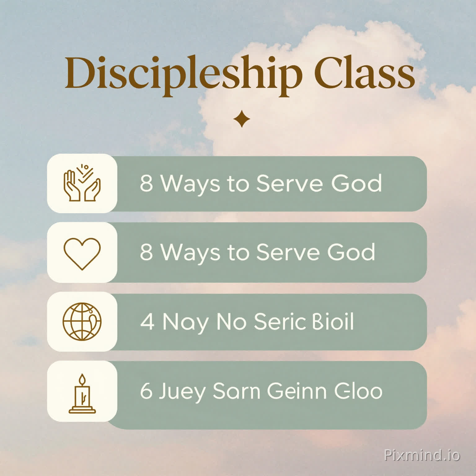 Design a beautiful social media post for a discipleship class. The top section reads "Discipleship Class" in an elegant, modern serif font against a dreamy watercolor sky background in shades of dusty blue and blush pink. The main section features "8 Ways to Serve God" illustrated with minimalist line art icons (like hands, a heart, a globe, a candle) placed next to each point. The color scheme is calm and inspiring: muted gold, sage green, and off-white.