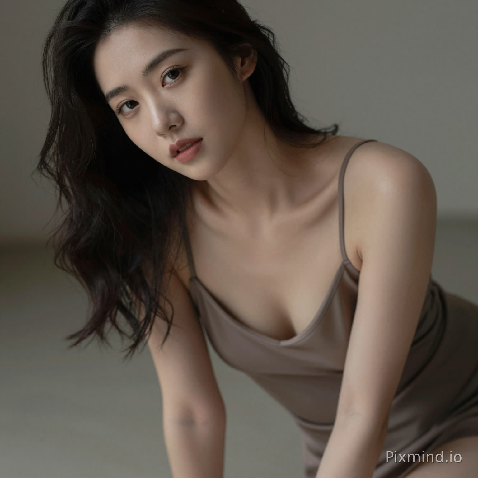 A sensual woman leaning slightly forward, deep neckline dress, subtle cleavage, inviting gaze, soft focus background, intimate framing, realistic skin highlights, moody lighting, editorial sensual photography