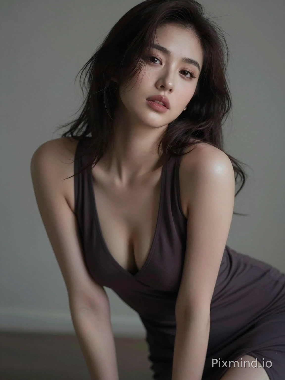 A sensual woman leaning slightly forward, deep neckline dress, subtle cleavage, inviting gaze, soft focus background, intimate framing, realistic skin highlights, moody lighting, editorial sensual photography