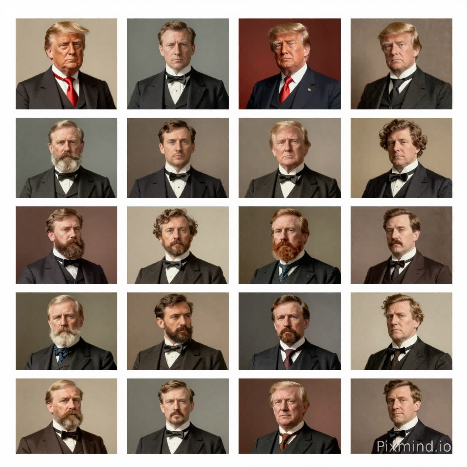 Create a 4×4 grid starting from the 1880s. In each area, my image should reflect the style of that era (clothing, hairstyle, beard, accessories). The colors, backgrounds and film style should also be applied accordingly. I'm Trump. Cartoon style
