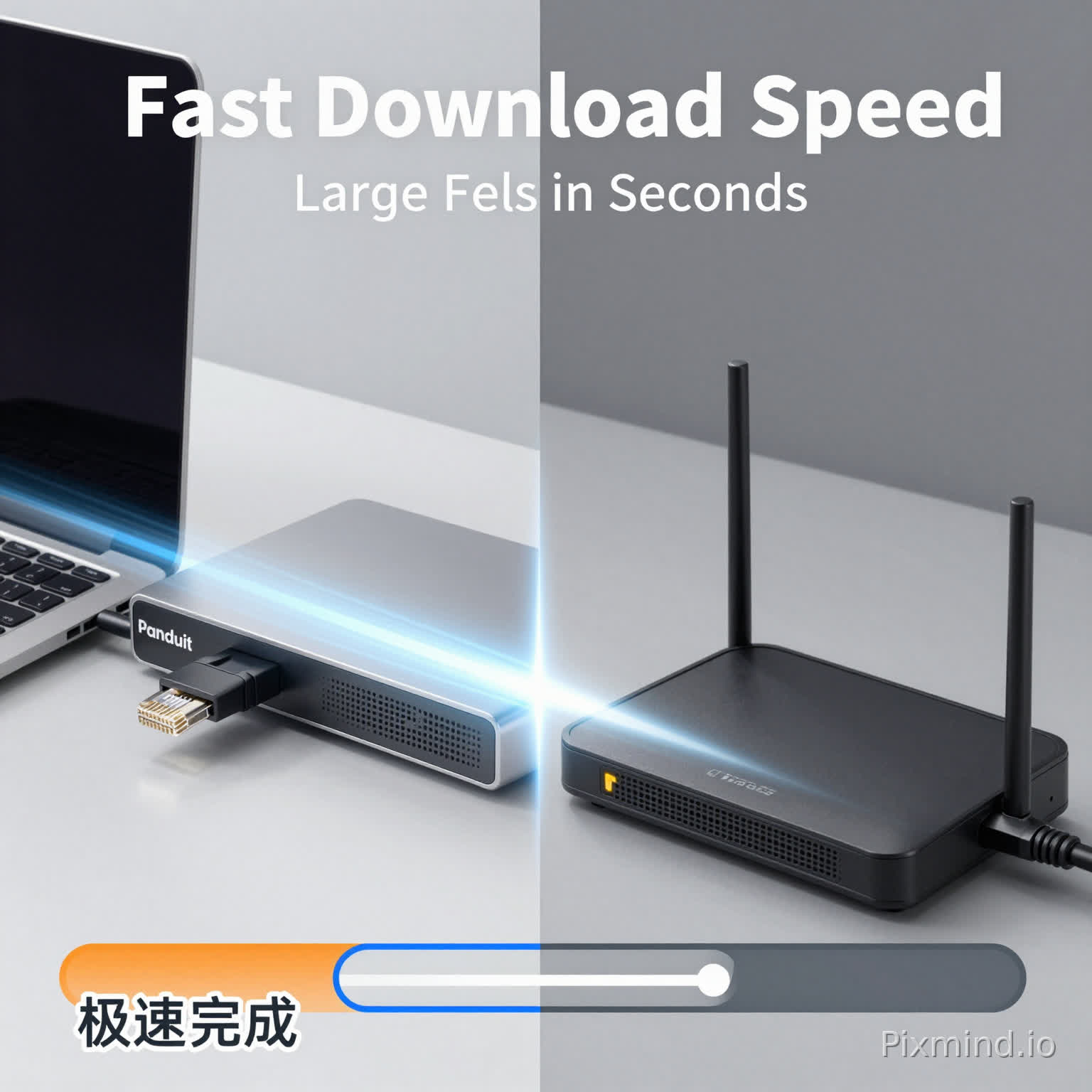 帮我生成亚马逊主图对比图,
痛点:下载速度慢,大文件等待久
画面设计
左侧(Panduit)
进度条瞬间完成
明显“极速完成”视觉
网线连接电脑与路由器
右侧(普通网线)
下载进度条很慢
剩余时间很长
画面偏灰、卡顿感
速度感一定要强(光效+拖影)
标题
Fast Download Speed
副文案:
Large Files in Seconds