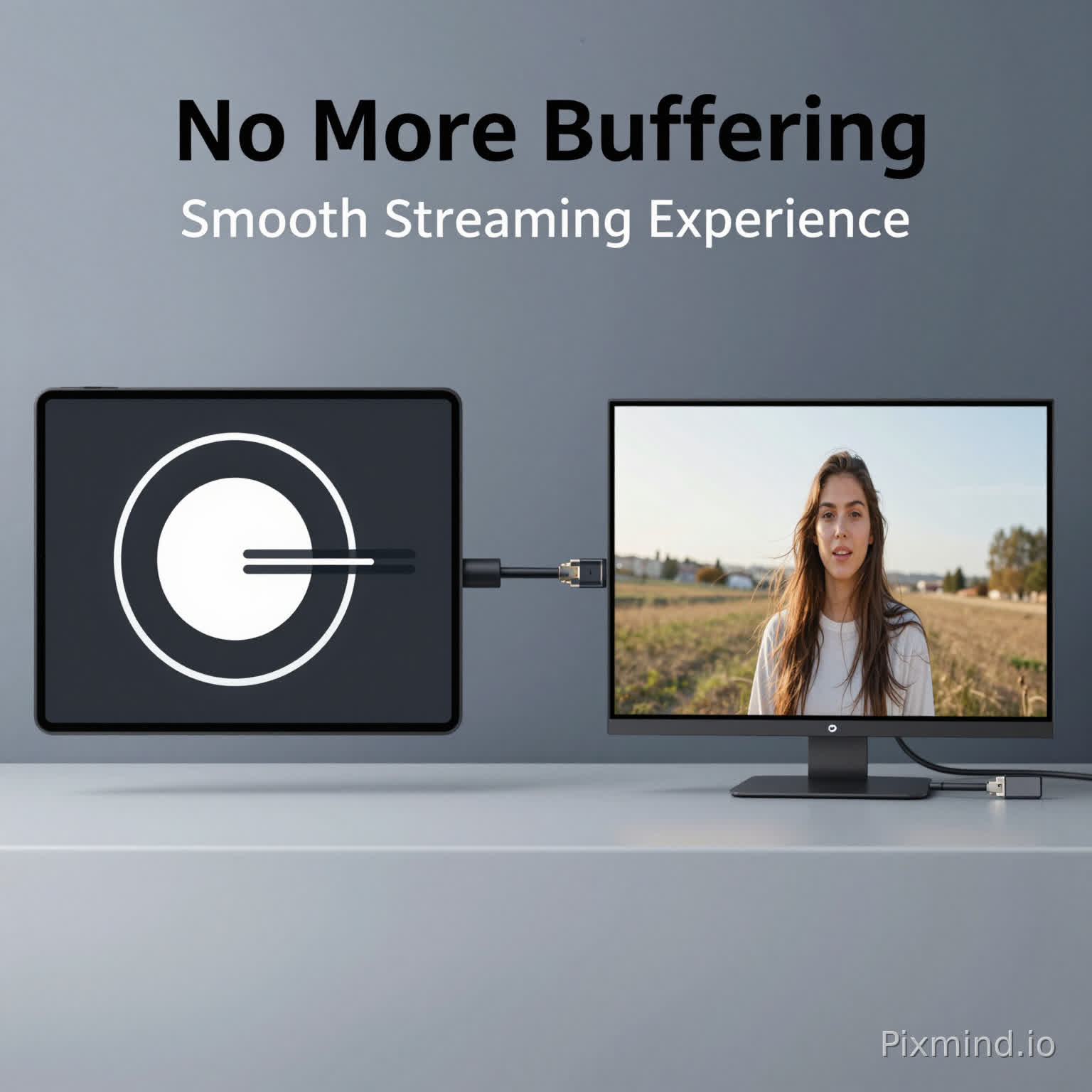 Help me create a comparison image for the Amazon main page.
Challenges: Video loading is slow → We handle it quickly
Visual design
Left-right comparison scene:
On the left:
Video buffering in a circle + progress bar stuck
On the right:
Smooth 4K video playback with clear picture
In the middle, our network cable runs through both the left and right sides.
Title
No More Buffering
Sub-copy:
Smooth Streaming Experience
