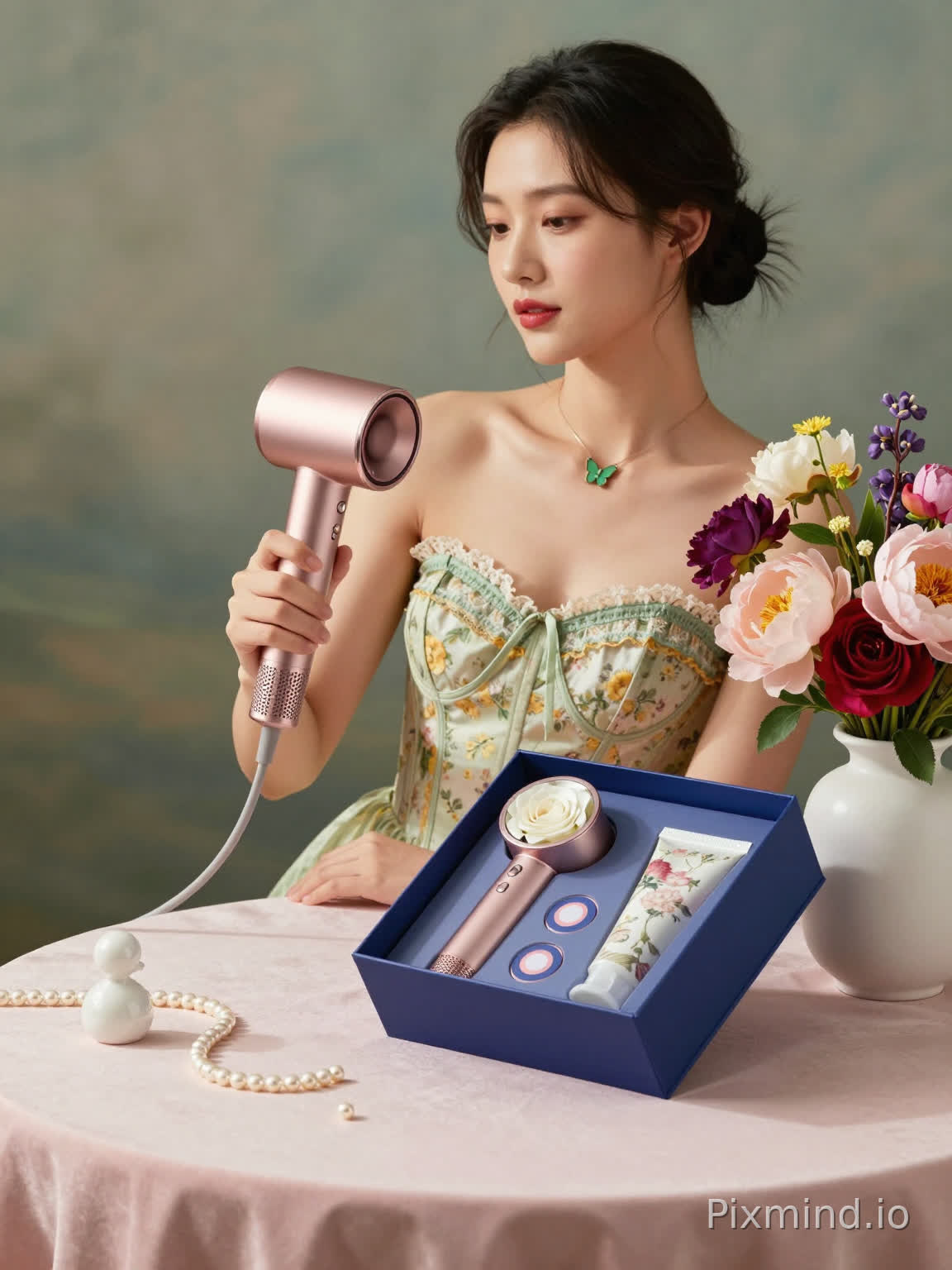 一张高质量、超精细、逼真的图像,画面中一位年轻的亚洲女性手持吹风机,背景是柔和的灰绿色油画风格,带有浅景深效果。这位女性穿着一件浅绿色无肩带紧身胸衣,上面有黄色花卉图案和精致的蕾丝镶边,她的黑色头发梳成一个低发髻,脖子上戴着一条小巧的绿色蝴蝶形状项链。她皮肤白皙,化着自然妆容,包括柔和的红色唇色,当她手持吹风机时,表情平静而专注。
前景中铺着一张浅粉色丝绸桌布。桌子左侧有一串白色珍珠和一个表面光滑的小巧白色陶瓷小雕像。右侧放着一个打开的蓝色礼品盒,表面光滑呈哑光质感。盒子里有白玫瑰金色吹风机(配有一个圆形、略透明的扩散器)、两个带有蓝粉环形图案的小型圆形物品(可能是配件或说明书),以及一个带有花卉印花的细长管子。礼品盒旁边,一个白色陶瓷花瓶插着一束色彩鲜艳的花:深紫色花朵、柔和粉色牡丹、红色玫瑰和带有黄色雄蕊的绿叶,松散自然地摆放着。
光线温暖柔和,侧光在桌子和女性的肩膀上投下柔和的阴影,增强了丝绸、珍珠和花朵的质感。整体场景营造出优雅、精致的氛围,将逼真的产品细节与一丝艺术优雅相结合,适合高端产品摄影。