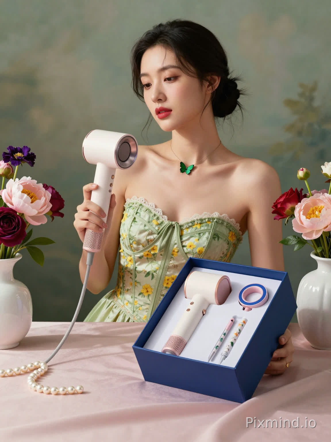 一位年轻迷人的亚洲女性主体,肤色白皙细腻,妆容自然清新,唇色柔和绯红,神情宁静而专注地手持一款精致的吹风机。她身着一件浅绿色无肩带紧身胸衣,衣面点缀着细腻的黄色花卉图案与精致的蕾丝镶边,乌黑的秀发梳成优雅的低发髻,颈间佩戴着一条小巧灵动的绿色蝴蝶项链。
前景是一张质感高级的浅粉色丝绸桌布,桌面上精心陈列着静物:左侧散落着一串温润的白色珍珠和一个表面光滑的白色陶瓷小雕像;右侧放置着一个打开的哑光蓝色礼品盒,盒内展示着白玫瑰金配色的吹风机(带有半透明圆形扩散风嘴)、两个印有蓝粉环形图案的配件以及一个花卉印花细管。礼品盒旁,一个白色陶瓷花瓶中插着一束松散自然的鲜花,包含深紫色花朵、柔粉色牡丹、红玫瑰及带黄色花蕊的绿叶,色彩绚丽而和谐。
背景采用柔和的灰绿色油画风格,具有朦胧的浅景深效果,完美衬托前景主体。光线为温暖柔和的侧光,在丝绸、珍珠和女性圆润的肩膀上投下细腻的阴影,极大地增强了不同材质的纹理质感。
整体画面风格为高端商业产品摄影与艺术油画的结合,氛围优雅、精致、奢华。超高清画质,8k分辨率,逼真写实,极度精细的细节描写,电影级布光,杰作。