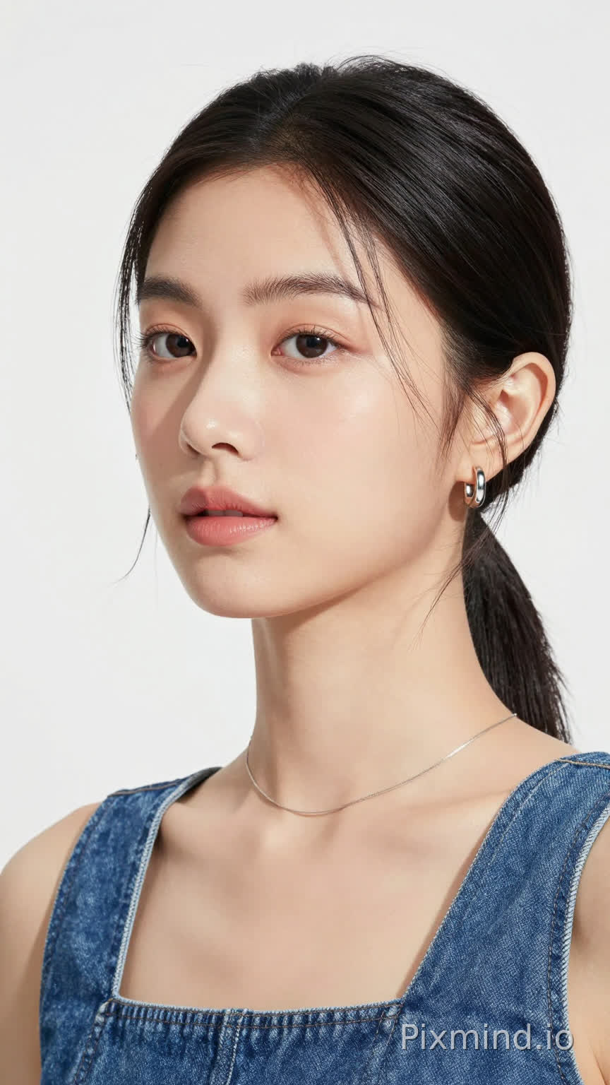 生成高清特写镜头,年轻亚洲女性(20-30岁),清秀面容,自然通透的妆容,淡粉色唇色,细腻清透的皮肤质感。黑色头发梳成低马尾发型,几缕碎发自然垂落在脸颊两侧,发尾微碎。身着蓝色无袖牛仔上衣,衣料带有细微的牛仔纹理。脖颈佩戴一条细款银色链条项链,链条纤细贴身;耳部点缀小巧的银色圆形耳环。背景为纯白色无缝背景,干净简洁无杂物,突出人物主体。左侧柔和自然光线打亮面部,形成自然过渡的光影层次,高光柔和,阴影浅淡,充分展现皮肤的细腻质感与立体感。人物表情平静,眼神略向斜前方,不直视镜头,呈现出自然放松的状态。字体设计简约流畅,与人物整体清新、自然、优雅的气质相统一。整体风格为时尚美妆广告,氛围简约、高级、干净,兼具产品宣传的清晰感与画面的艺术美感。