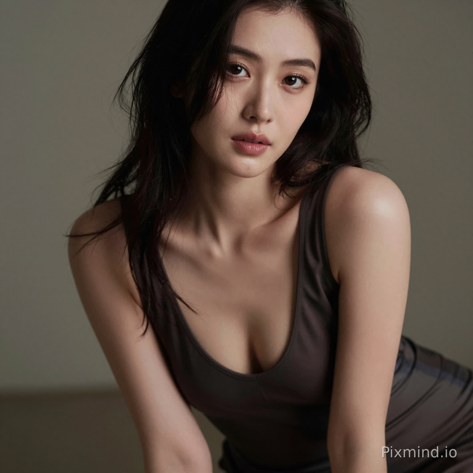 A sensual woman leaning slightly forward, deep neckline dress, subtle cleavage, inviting gaze, soft focus background, intimate framing, realistic skin highlights, moody lighting, editorial sensual photography
