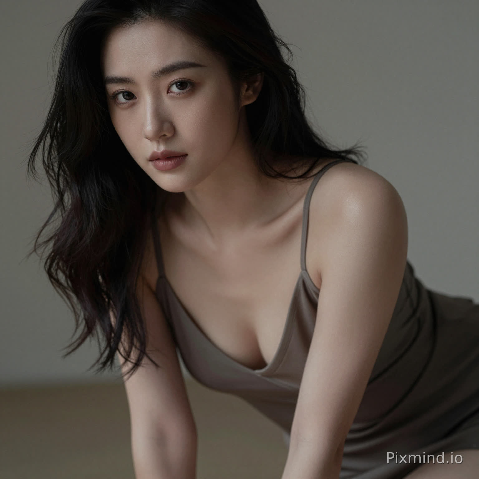 A sensual woman leaning slightly forward, deep neckline dress, subtle cleavage, inviting gaze, soft focus background, intimate framing, realistic skin highlights, moody lighting, editorial sensual photography