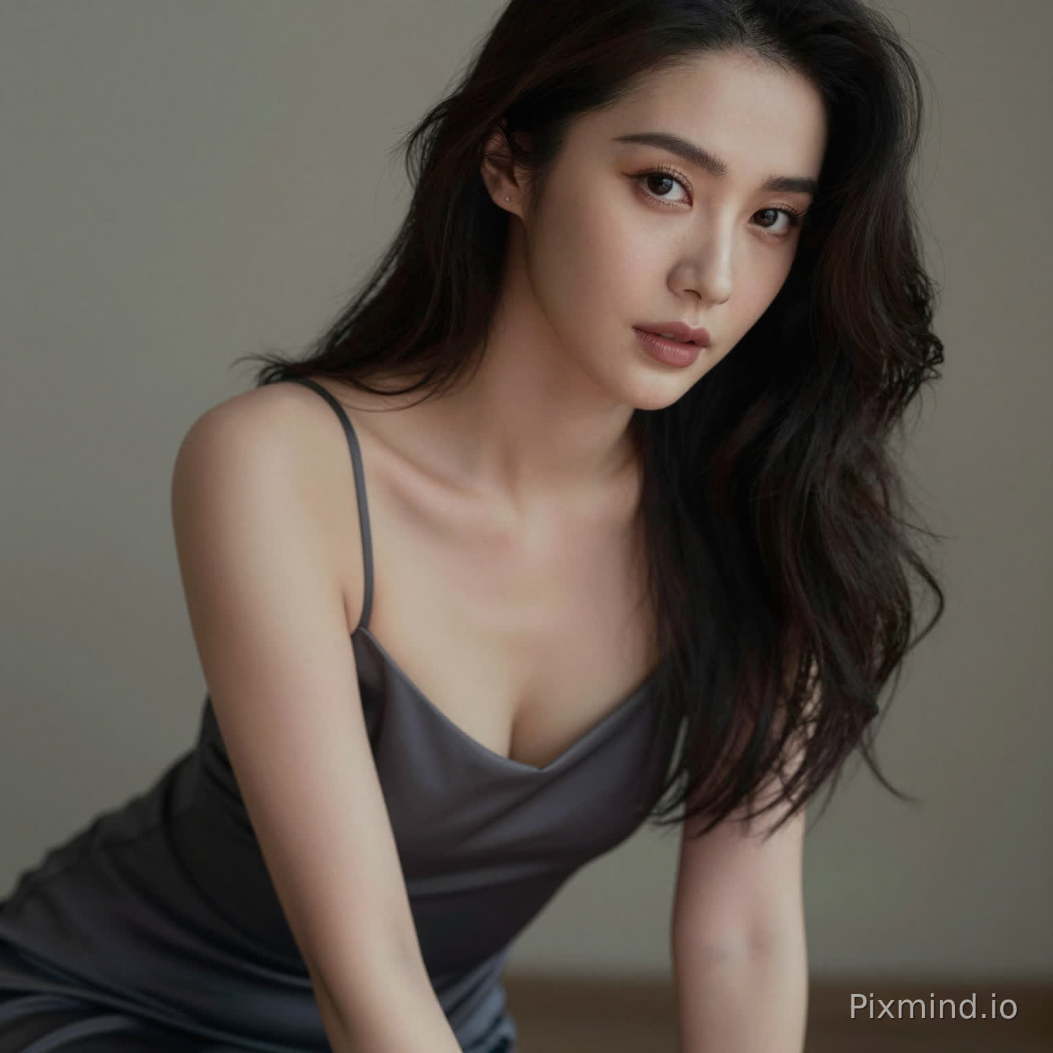 A sensual woman leaning slightly forward, deep neckline dress, subtle cleavage, inviting gaze, soft focus background, intimate framing, realistic skin highlights, moody lighting, editorial sensual photography