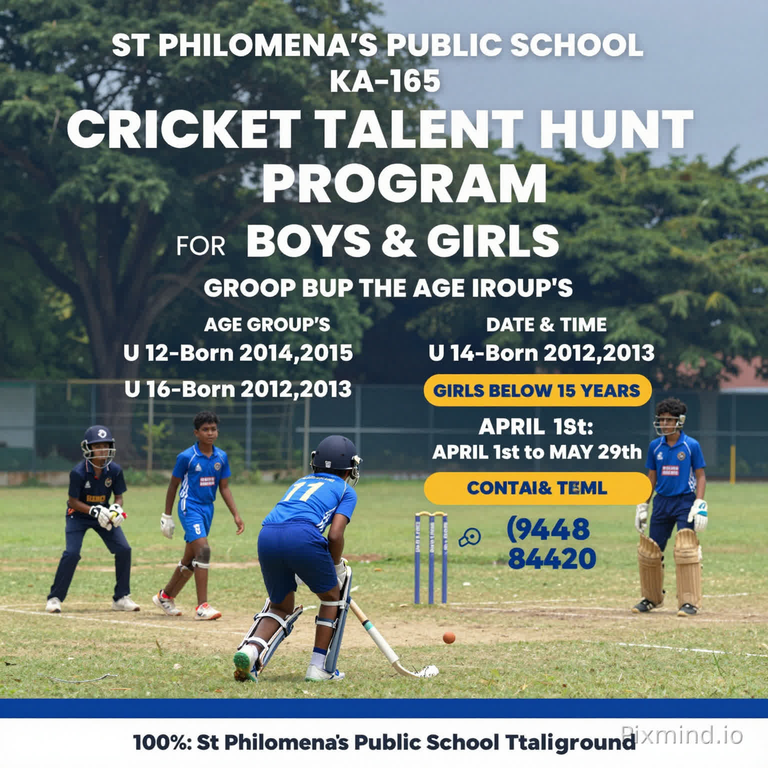 ST PHILOMENA'S PUBLIC SCHOOL
KA-165
CRICKET TALENT HUNT PROGRAM
FOR
BOYS & GIRLS
AGE GROUP'S
U 12-Born 2014,2015
U 14-Born 2012,2013
U 16-Born 2010,2011
GIRLS BELOW 15 YEARS
VENUE: St Philomena's public School playground
DATE & TIME
APRIL 1st To MAY 29th
CONTACT DETAILS
(9448484420)
100% Scholarship on Education for Exceptionally Talened Players
