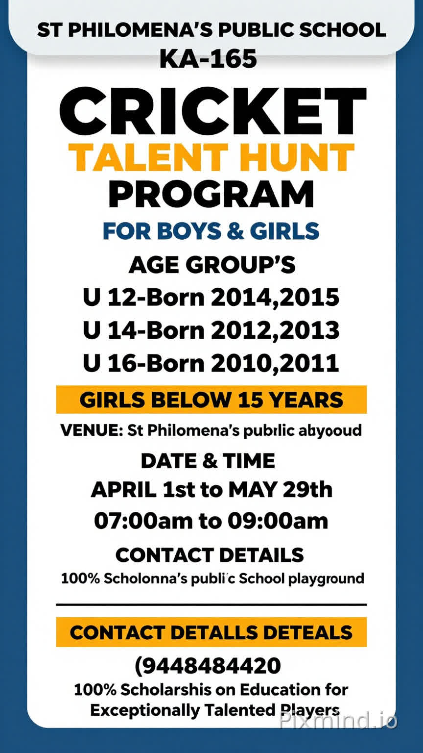 ST PHILOMENA'S PUBLIC SCHOOL
KA-165
CRICKET TALENT HUNT PROGRAM
FOR
BOYS & GIRLS
AGE GROUP'S
U 12-Born 2014,2015
U 14-Born 2012,2013
U 16-Born 2010,2011
GIRLS BELOW 15 YEARS
VENUE: St Philomena's public School playground
DATE & TIME
APRIL 1st To MAY 29th
07:00am to 09:00am
CONTACT DETAILS
(9448484420)
100% Scholarship on Education for Exceptionally Talened Players
I want the message full detail d designing without logo I need full details what I given a message