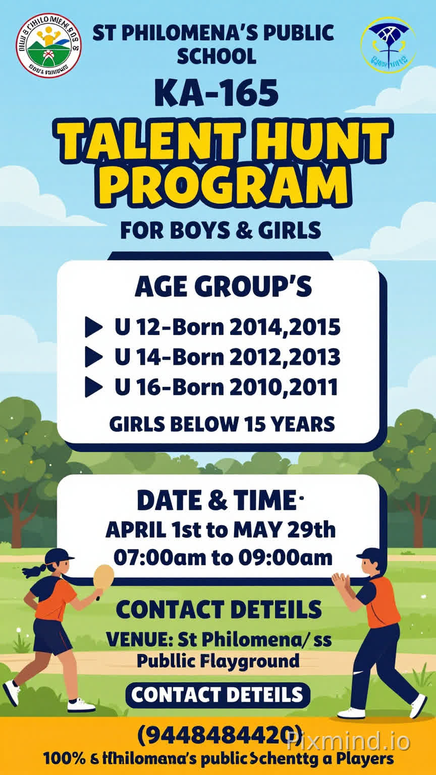 ST PHILOMENA'S PUBLIC SCHOOL
KA-165
CRICKET TALENT HUNT PROGRAM
FOR
BOYS & GIRLS
AGE GROUP'S
U 12-Born 2014,2015
U 14-Born 2012,2013
U 16-Born 2010,2011
GIRLS BELOW 15 YEARS
VENUE: St Philomena's public School playground
DATE & TIME
APRIL 1st To MAY 29th
07:00am to 09:00am
CONTACT DETAILS
(9448484420)
100% Scholarship on Education for Exceptionally Talened Players
I want the message full detail d designing without logo I need full details what I given a message