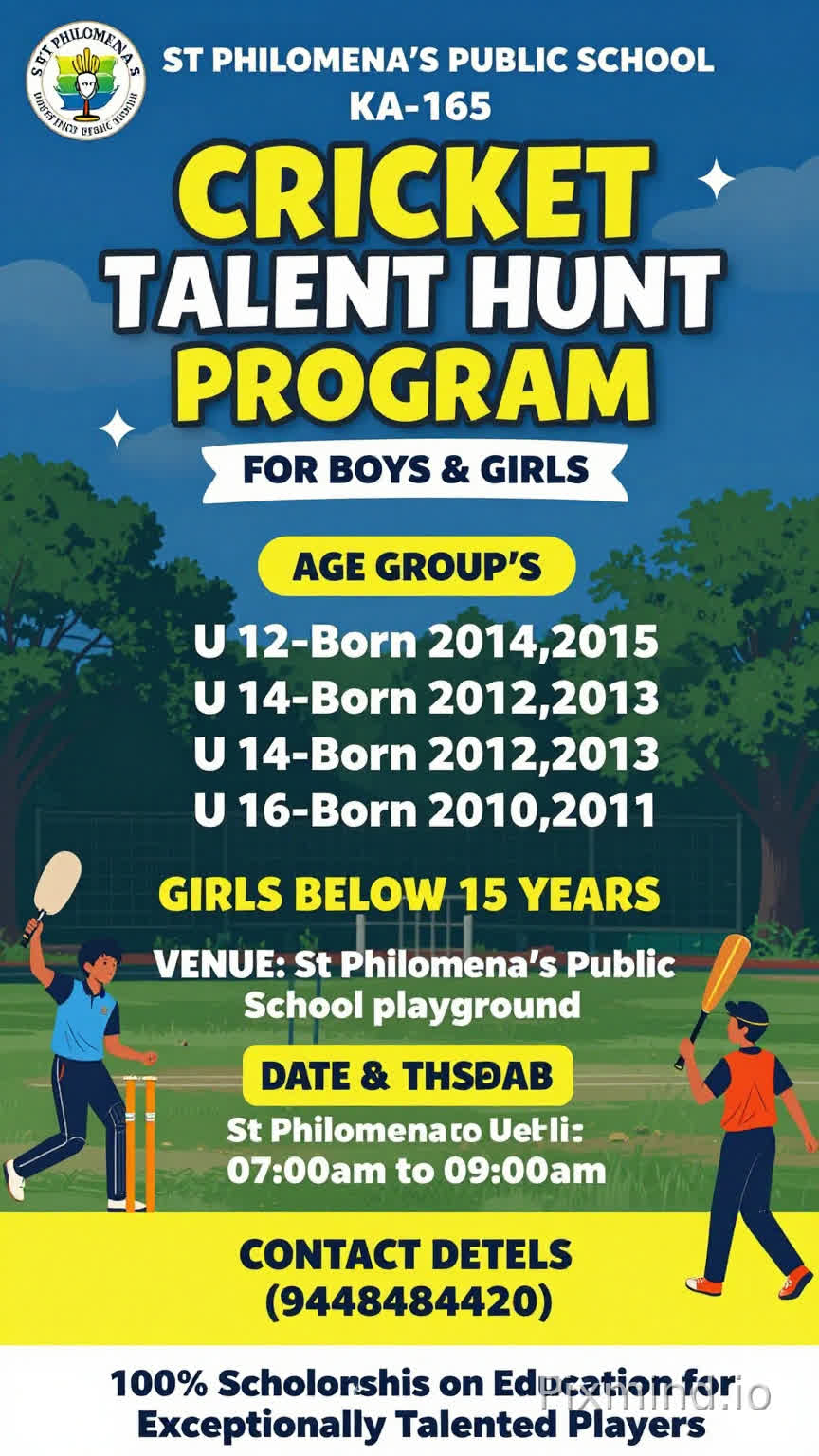 ST PHILOMENA'S PUBLIC SCHOOL
KA-165
CRICKET TALENT HUNT PROGRAM
FOR
BOYS & GIRLS
AGE GROUP'S
U 12-Born 2014,2015
U 14-Born 2012,2013
U 16-Born 2010,2011
GIRLS BELOW 15 YEARS
VENUE: St Philomena's public School playground
DATE & TIME
APRIL 1st To MAY 29th
07:00am to 09:00am
CONTACT DETAILS
(9448484420)
100% Scholarship on Education for Exceptionally Talened Players
I want the message full detail d designing without logo I need full details what I given a message