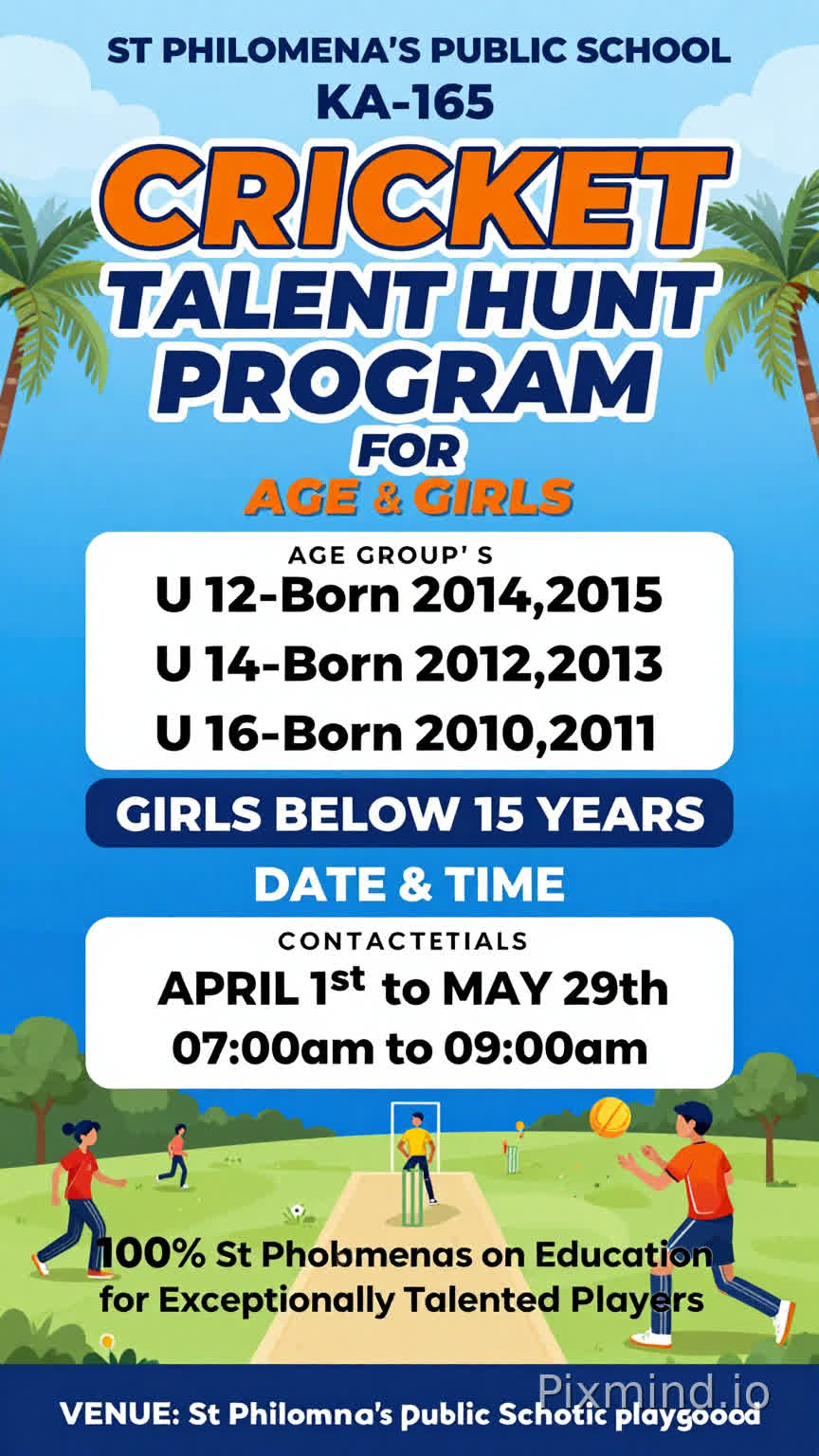 ST PHILOMENA'S PUBLIC SCHOOL
KA-165
CRICKET TALENT HUNT PROGRAM
FOR
BOYS & GIRLS
AGE GROUP'S
U 12-Born 2014,2015
U 14-Born 2012,2013
U 16-Born 2010,2011
GIRLS BELOW 15 YEARS
VENUE: St Philomena's public School playground
DATE & TIME
APRIL 1st To MAY 29th
07:00am to 09:00am
CONTACT DETAILS
(9448484420)
100% Scholarship on Education for Exceptionally Talened Players
I want the message full detail d designing without logo I need full details what I given a message without logo