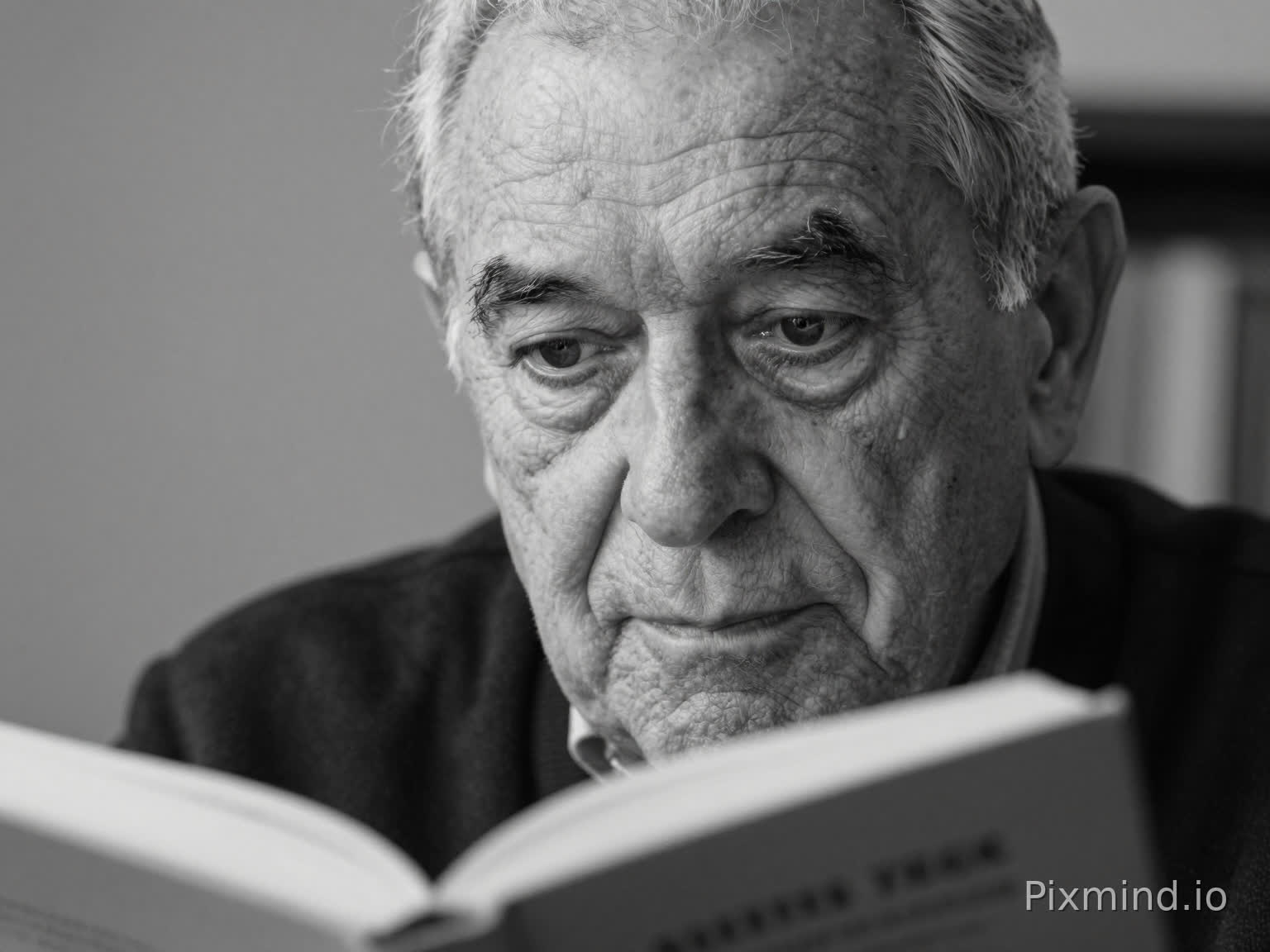 A black-and-white close-up portrait of an elderly man with deep wrinkles and expressive eyes, showing wisdom and life experience, reading a book on a desk
