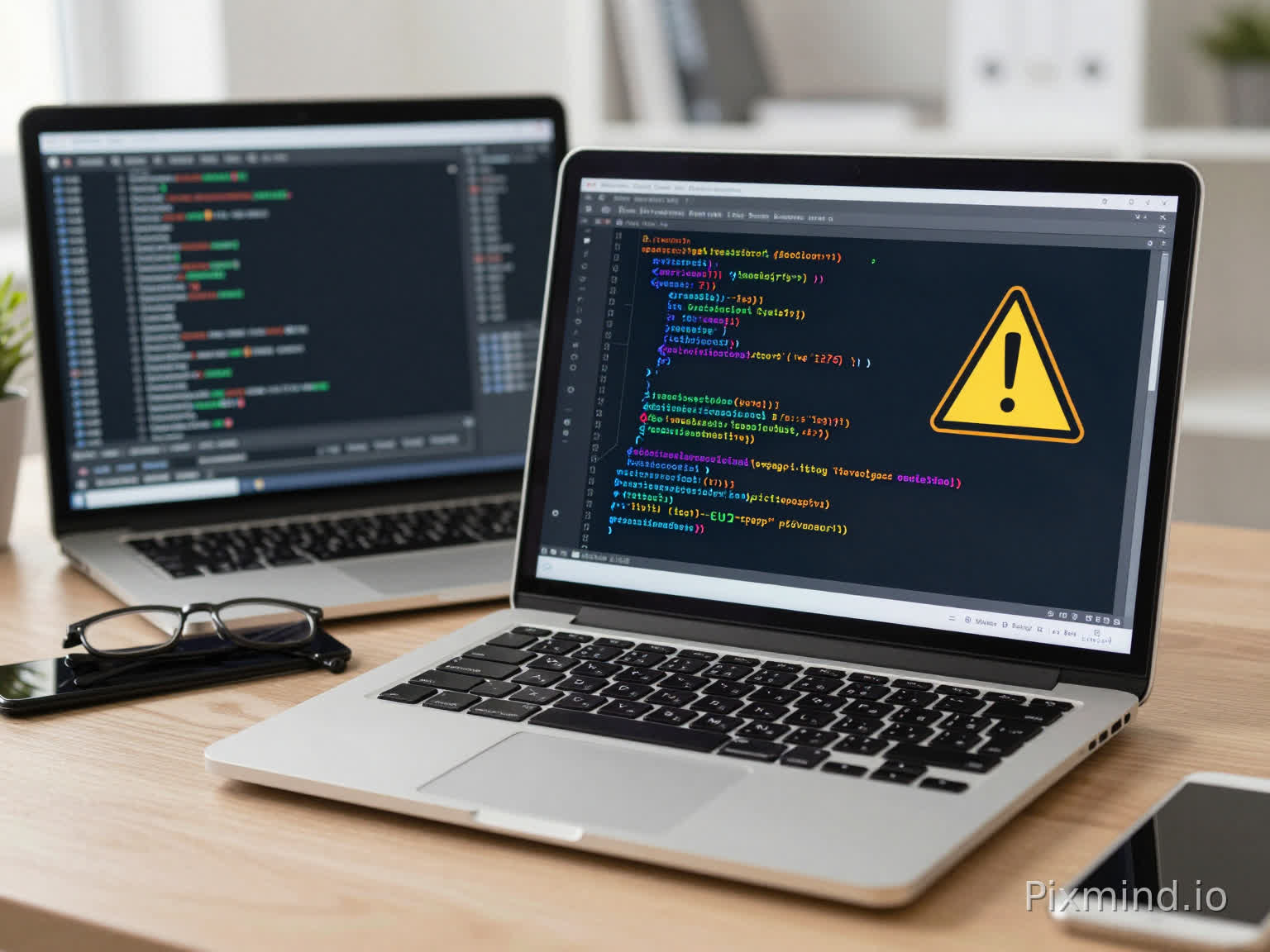 A professional workspace scene with a laptop showing network traffic and a screen of a disassembled viruscode with a warning on the screen.