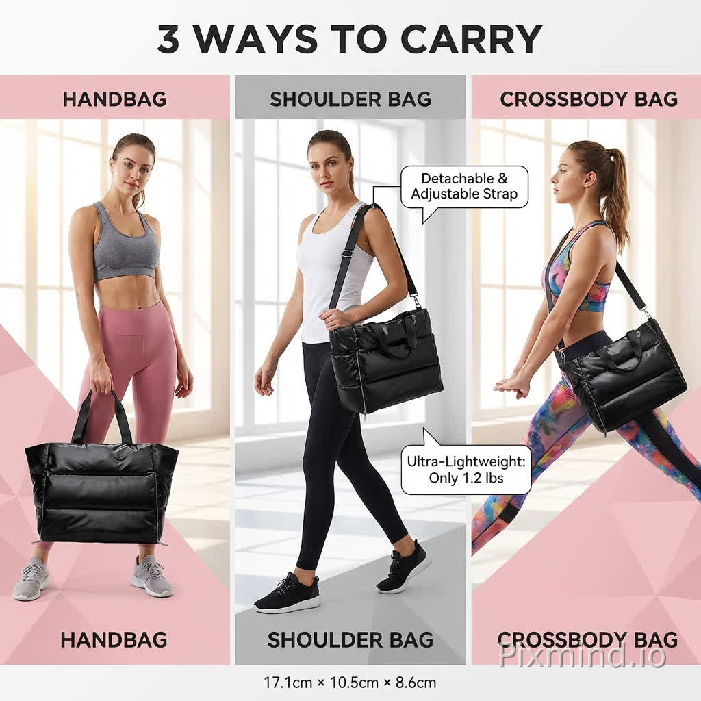 A modern minimalist product advertisement for a multifunctional handbag, split into three panels by geometric shapes in pink and gray. Setting is a bright, airy gym interior with large windows and soft lighting.
Left panel (Pink background): A fit female model in a gray sports bra and pink leggings holds the bag as a HANDBAG. She is holding it by the top handle, looking casual. Text overlay: "HANDBAG".
Center panel (Gray background): A fit female model in a white tank top wears the bag on one shoulder as a SHOULDER BAG. She is walking confidently, hands free. Text overlay: "SHOULDER BAG".
Right panel (Pink background): A fit female model in colorful activewear wears the bag across her body as a CROSSBODY BAG. She is in a slight stretch pose, bag resting on her back hip. Text overlay: "CROSSBODY BAG".
Product details: The main bag is shown clearly, emphasizing the detachable and adjustable shoulder strap with a callout label. Another label reads "Ultra-Lightweight: Only 1.2 lbs".
Top header: Bold typography reads "3 WAYS TO CARRY".
Bottom footer: Small text reads "17.1cm × 10.5cm × 8.6cm".
Style: Clean, commercial product photography, bright studio lighting, high resolution, fashion sporty vibe, 8k --ar 16:9 --v 6.0