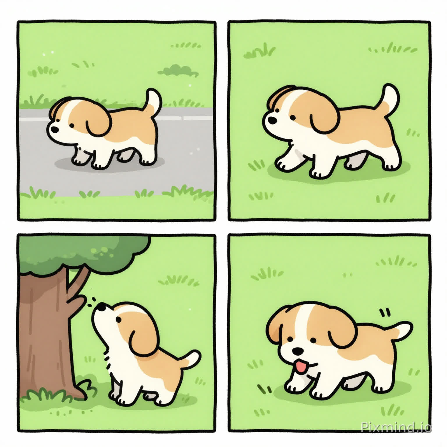 Build a 2×2 grid. The whole is a story, in a cartoon style. The content of the first grid is a puppy going out. The content of the second grid is the puppy walking on the grass. The content of the third grid is the puppy urinating on a tree. The content of the fourth grid is the puppy scratching the place where it urinated with its paws. The image of the puppy in each grid must remain consistent.
