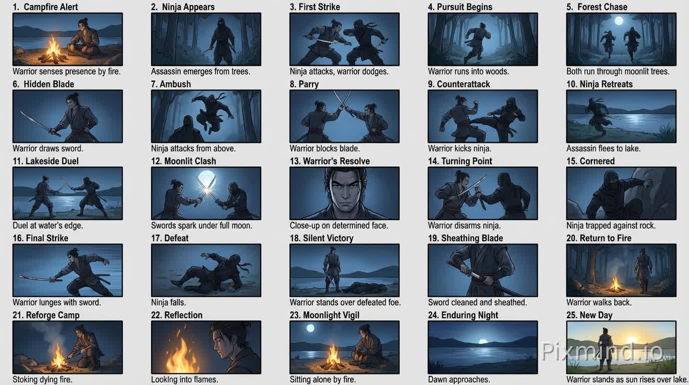 Generate a 25-frame storyboard script based on the production reference images, which means synthesizing 25 images into one effect image.
Produce a short story film about a moonlit pursuit and assassination, featuring a game-CG-like quality and a cool, handsome aesthetic. The protagonist ultimately turns the tables on the assassin with a sword.