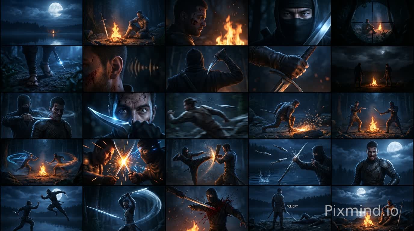 Story Title: "Remnant Fire Under the Moon: Desperate Counterattack"
Visual Style: High saturation cool/warm contrast (Blue Moonlight vs. Orange Bonfire), High Dynamic Range (HDR) lighting and shadows, particle effects (sparks, blood droplets), detailed character modeling texture.
Phase 1: Crisis in Silence (Frames 1-5)
Wide Shot: Deep blue night sky, a huge full moon hanging high. The quiet lake reflects the moon. A faint point of orange firelight on the shore.
Full Shot: The bonfire flickers in the wind. A warrior sits cross-legged, his longsword propped diagonally on the ground. To the left of the frame are the deep shadows of the woods.
Medium Shot: Silhouette of the warrior. Bloodstains on his face have dried into dark red, his eyes are as sharp as a falcon's, staring at the dancing flames.
Close-up: The ninja's eyes in the shadows of the woods, cold and emotionless. A metallic reflection glints off the edge of the black mask.
POV Shot: The ninja's perspective, locking onto the warrior's defenseless back. A crosshair-like focus sensation.
Phase 2: Stealth in Shadows (Frames 6-10)
Low Angle: The ninja's feet silently step over the soft soil. A dagger refracts a cold glint under the moonlight.
Extreme Close-up: The warrior's ear twitches slightly. In the background audio, the crackling "pop" of the bonfire is amplified.
Over-the-shoulder: The ninja has moved to within three steps behind the warrior, slowly raising the dagger, body leaning forward.
Detail Close-up: The warrior's fingers gripping the sword suddenly tighten, knuckles turning white from the force.
Full Shot: At this moment, clouds cover the moon, darkening the scene instantly; only the bonfire illuminates the outlines of the two figures.
Phase 3: Flash Assault (Frames 11-15)
Fast Action: The ninja erupts violently, stabbing towards the warrior's neck like black lightning. The dagger cutting through the air creates visualized airflow effects.
Close-up: The warrior's eyes suddenly widen, pupils reflecting the cold light attacking from behind.
Bullet Time: The warrior does not look back but rolls forward with the momentum. The dagger swipes past his afterimage, slicing off a few strands of hair.
Profile Shot: The warrior draws his longsword while rolling; the blade slides across the ground, sending sparks splashing.
Medium Shot: The two instantly pull apart, confronting each other on opposite sides of the bonfire. The ninja holds the dagger horizontally across his chest; the warrior points his sword diagonally at the ground.
Phase 4: Clash of Cold Lights (Frames 16-20)
Full Shot: The two move at high speed around the bonfire. Trails of cold blue (Ninja) and warm orange (Warrior) light remain on the screen.
Impact (Close-up): Sword and dagger collide head-on. Sparks explode between their faces, light and shadow dancing violently on their skin.
Medium Shot: The ninja executes a roundhouse kick; the warrior blocks with his scabbard. Particle effects show the shockwave generated by the impact.
Close-up: The ninja throws three kunai. The warrior swings his sword quickly, accurately knocking them away in mid-air; the kunai sink into the lake, splashing small waves.
Hero Shot (Low Angle): The warrior steadies his stance, a trace of blood flowing from the corner of his mouth, but he reveals a cold and confident smile.
Phase 5: The Counter-Kill and The Curtain Fall (Frames 21-25)
Symmetry (Full Shot): The two charge for the last time. The ninja leaps into mid-air, dagger plunging straight towards the warrior's crown.
Extreme Slow-mo: The warrior sidesteps, and the longsword swings a perfect semi-lunar arc from bottom to top (visualized sword energy).
The Kill (Close-up): The longsword penetrates the ninja's chest. The ninja's body freezes in mid-air, black fabric shattering under the moonlight, fresh blood splattering onto the bonfire with a "hissing" sound.
Medium Shot: The warrior sheathes his sword with a "click." The ninja falls heavily to the ground behind him, kicking up dust by the lake.
Final Shot: The warrior walks back to sit by the bonfire, the longsword propped by his side again. The moon breaks through the clouds, silver light spilling over the earth, leaving only his lonely and upright figure. Fade to Black.
Suggested Rendering Parameters:
Lighting: Dual light source design. Left side Global Illumination moonlight (Cool Blue), right side Point Light bonfire (Warm Orange).
Effects: Add Volumetric Lighting to represent the mist on the lake surface; add Motion Blur to enhance the sense of power in combat.