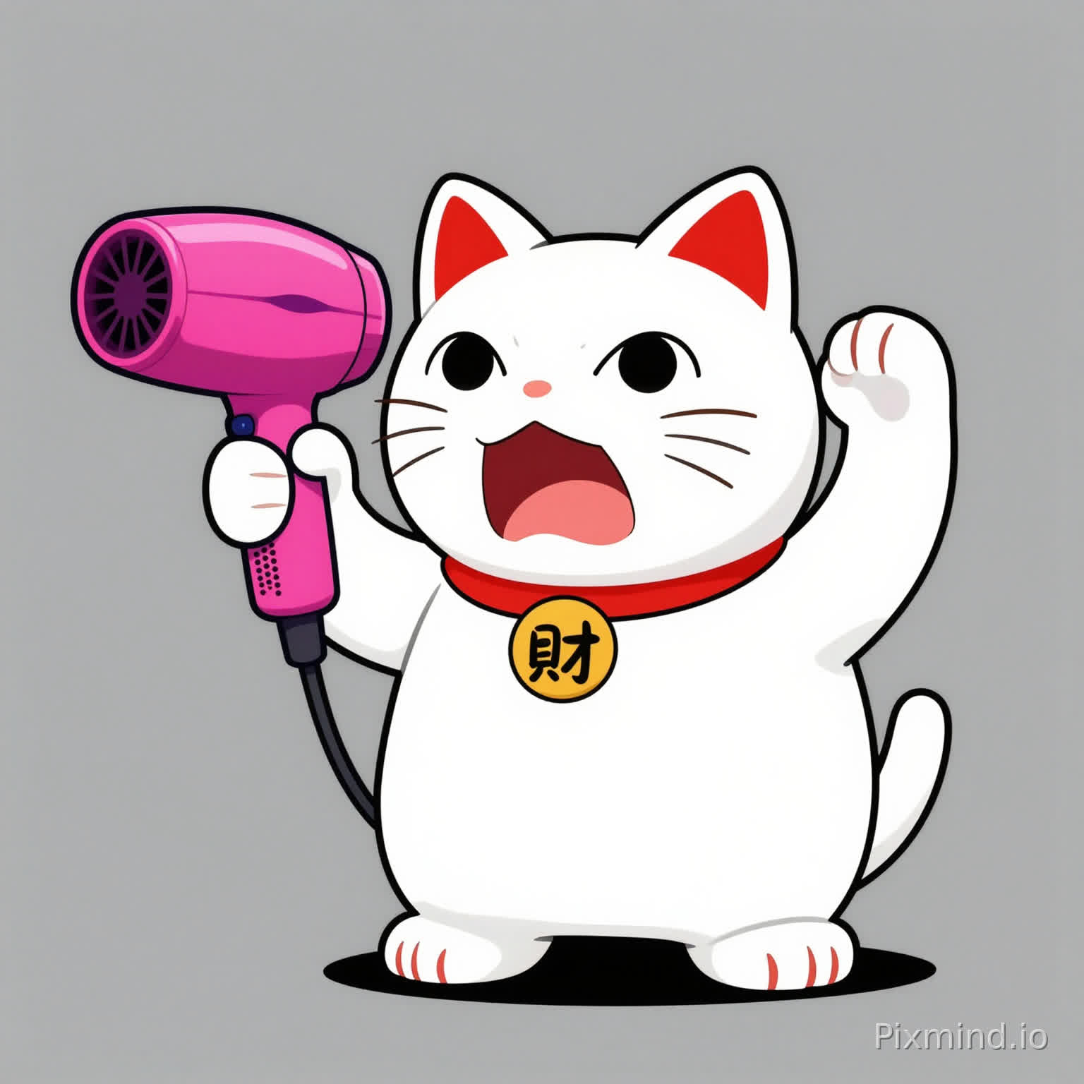 《Dan Da Dan》片尾曲风格的动漫截图。一只白色的拟人化招财猫,红色耳朵,双爪握着一把亮粉色吹风机,姿态像是拿着武器一样。猫咪表情凶猛,正在大喊。平面2D着色,鲜艳的波普艺术色彩,锐利的轮廓线,极简灰色背景。高质量,风格化角色的精准解剖。