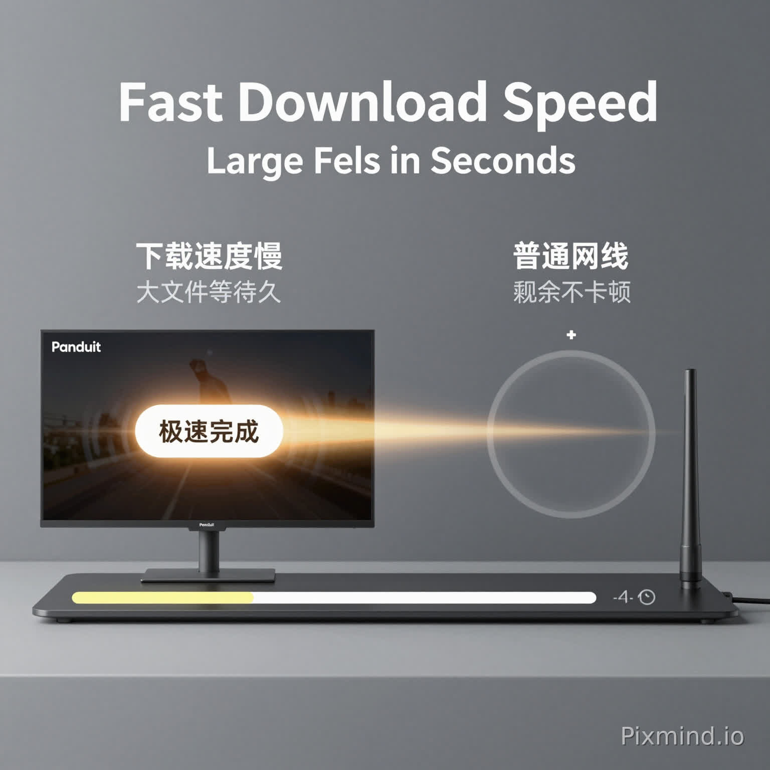 帮我设计一张对比图:
竞品下载速度慢,大文件等待久,视频缓冲转圈 + 进度条卡住
我们的网线下载速度快,视频播放快,不卡顿
画面设计
左侧(Panduit)
进度条瞬间完成
明显“极速完成”视觉
4K视频播放顺畅画面
右侧(普通网线)
下载进度条很慢
剩余时间很长
画面偏灰、卡顿感
视频缓冲转圈
速度感一定要强(光效+拖影)
标题
Fast Download Speed
副文案:
Large Files in Seconds"