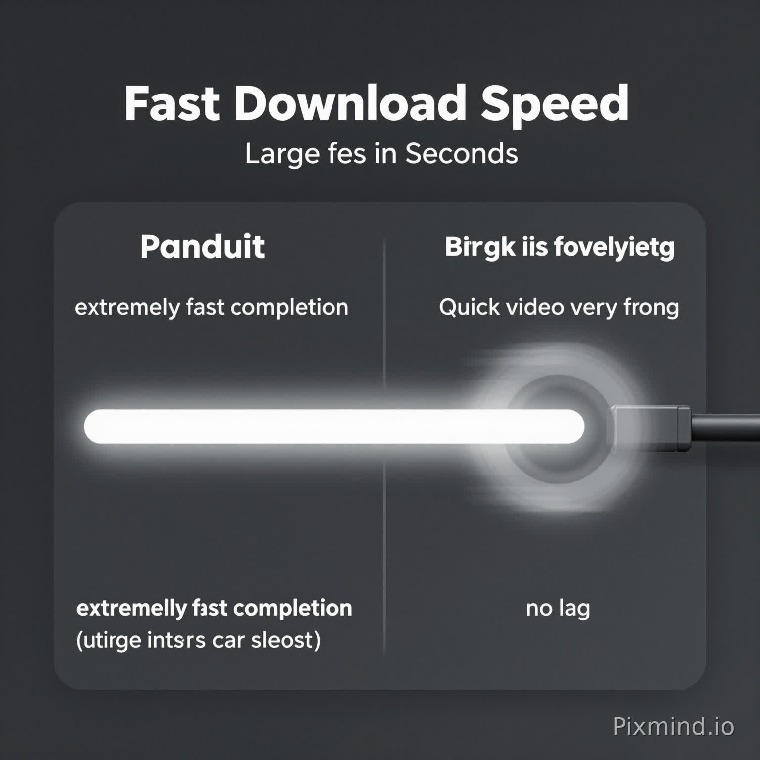 Help me create a comparison chart:
The competitors have slow download speeds, long waiting times for large files, and the video buffering loops repeatedly with the progress bar stuck.
Our network connection has fast download speeds, quick video playback, and no lag.
Graphic design
Left side (Panduit)
The progress bar is completed instantly
Clearly shows the "extremely fast completion" visual effect
Smooth 4K video playback with clear picture quality
On the right (ordinary network cable)
The download progress bar is very slow
The remaining time is very long
The picture is grayish and has a laggy feeling
The video is buffering in circles
The sense of speed must be strong (light effect + motion blur)
Title
Fast Download Speed
Sub-copy:
Large Files in Seconds