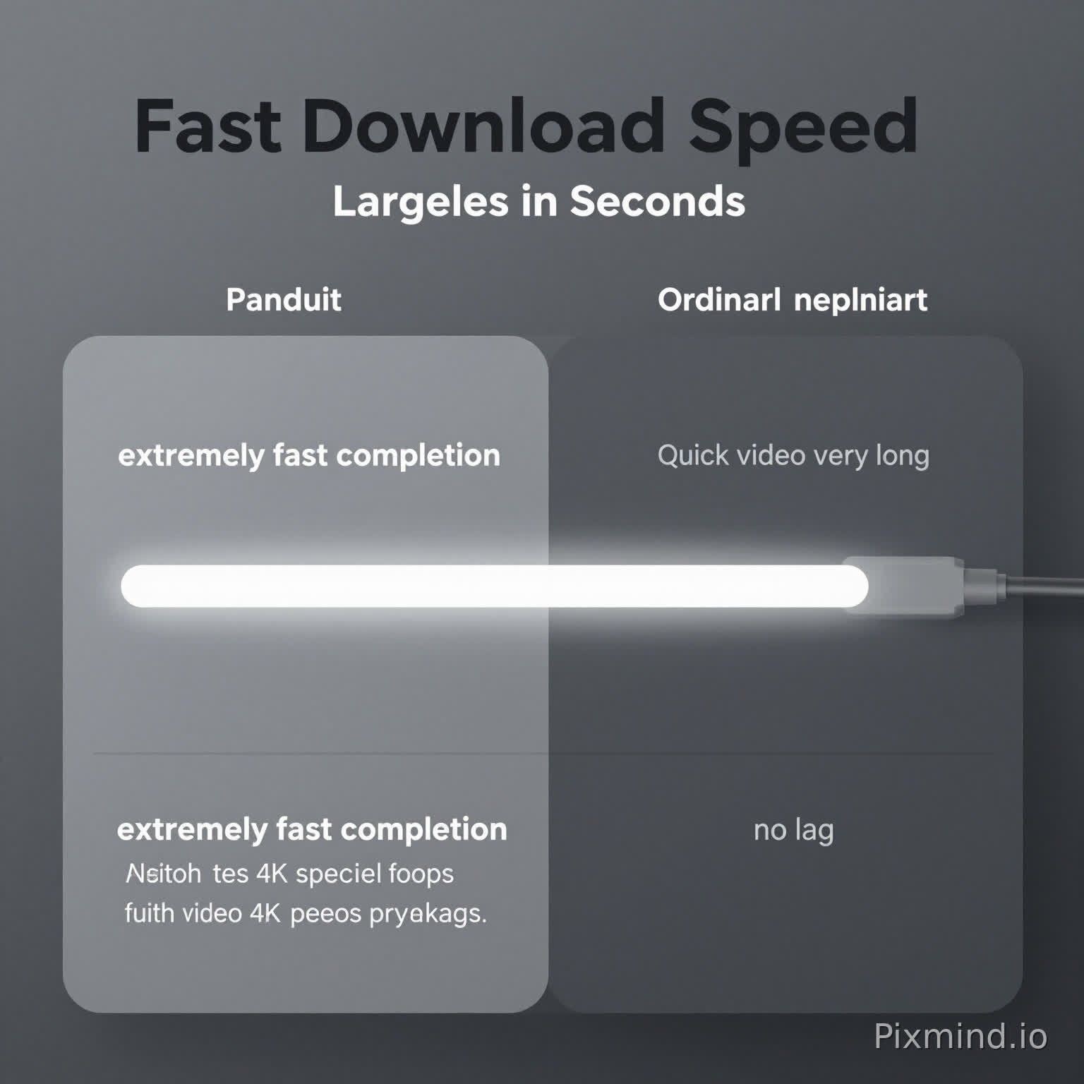 Help me create a comparison chart:
The competitors have slow download speeds, long waiting times for large files, and the video buffering loops repeatedly with the progress bar stuck.
Our network connection has fast download speeds, quick video playback, and no lag.
Graphic design
Left side (Panduit)
The progress bar is completed instantly
Clearly shows the "extremely fast completion" visual effect
Smooth 4K video playback with clear picture quality
On the right (ordinary network cable)
The download progress bar is very slow
The remaining time is very long
The picture is grayish and has a laggy feeling
The video is buffering in circles
The sense of speed must be strong (light effect + motion blur)
Title
Fast Download Speed
Sub-copy:
Large Files in Seconds