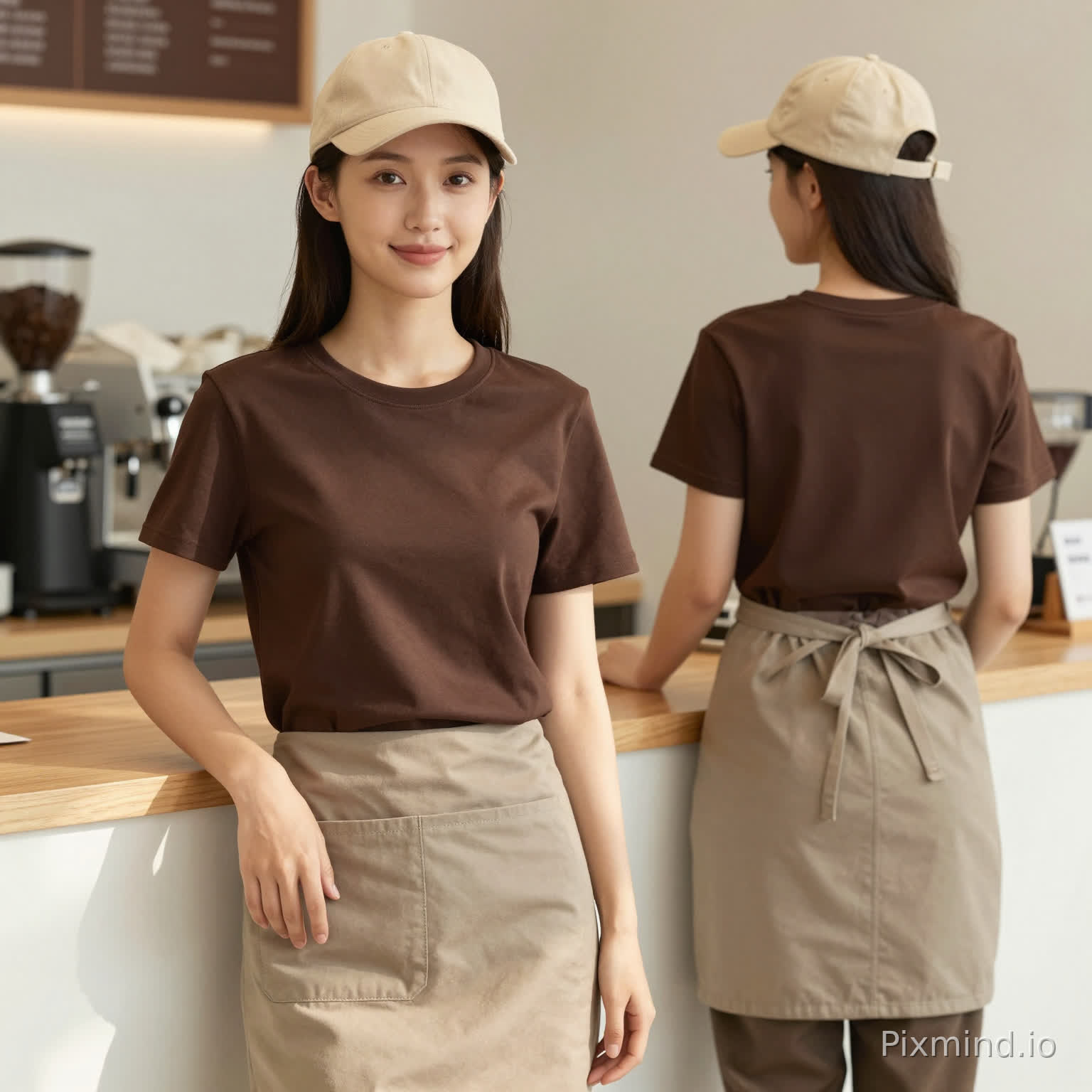 两位年轻女性咖啡师的高清电商展示大片。主体穿着:两人均身着质感极佳的深棕色圆领短袖T恤,面料展现出100%纯棉的哑光细腻纹理与平整度,剪裁合身偏宽松,自然垂顺;搭配杏色鸭舌帽与同色系杏色半身围裙,(围裙在衣服上一层)整体造型专业、干练且极具亲和力。
构图布局:采用富有层次感的景深构图。前景左侧女生作为视觉中心,正面直视镜头,面带温和自信的笑容,站姿挺拔放松,左手轻搭于台面,右手自然下垂,完美呈现T恤的正面版型细节;背景右侧女生背对镜头,姿态自然,处于工作状态,清晰展示服装背面效果。两人左右错落,主次分明。
场景环境:现代精品咖啡店室内,背景包含质感细腻的浅白色木制吧台,后方隐约可见专业的意式咖啡机与磨豆机。环境干净整洁,软装采用浅木色与米白色调,营造温馨舒适的氛围。
光影与技法:商业摄影级布光,平视视角。强调高反差与明暗对比,模拟自然光侧逆光效果,在深棕色衣物上形成丰富的光影层次,立体地凸显面料质感。背景采用光学虚化(Bokeh)处理,既保留了咖啡店的场景轮廓,又突出了人物主体。整体色调温暖、明亮、柔和。
画质标签:8k分辨率,超写实主义,精细的织物纹理,杰作,锐利聚焦,色彩准确,高品质电商摄影。